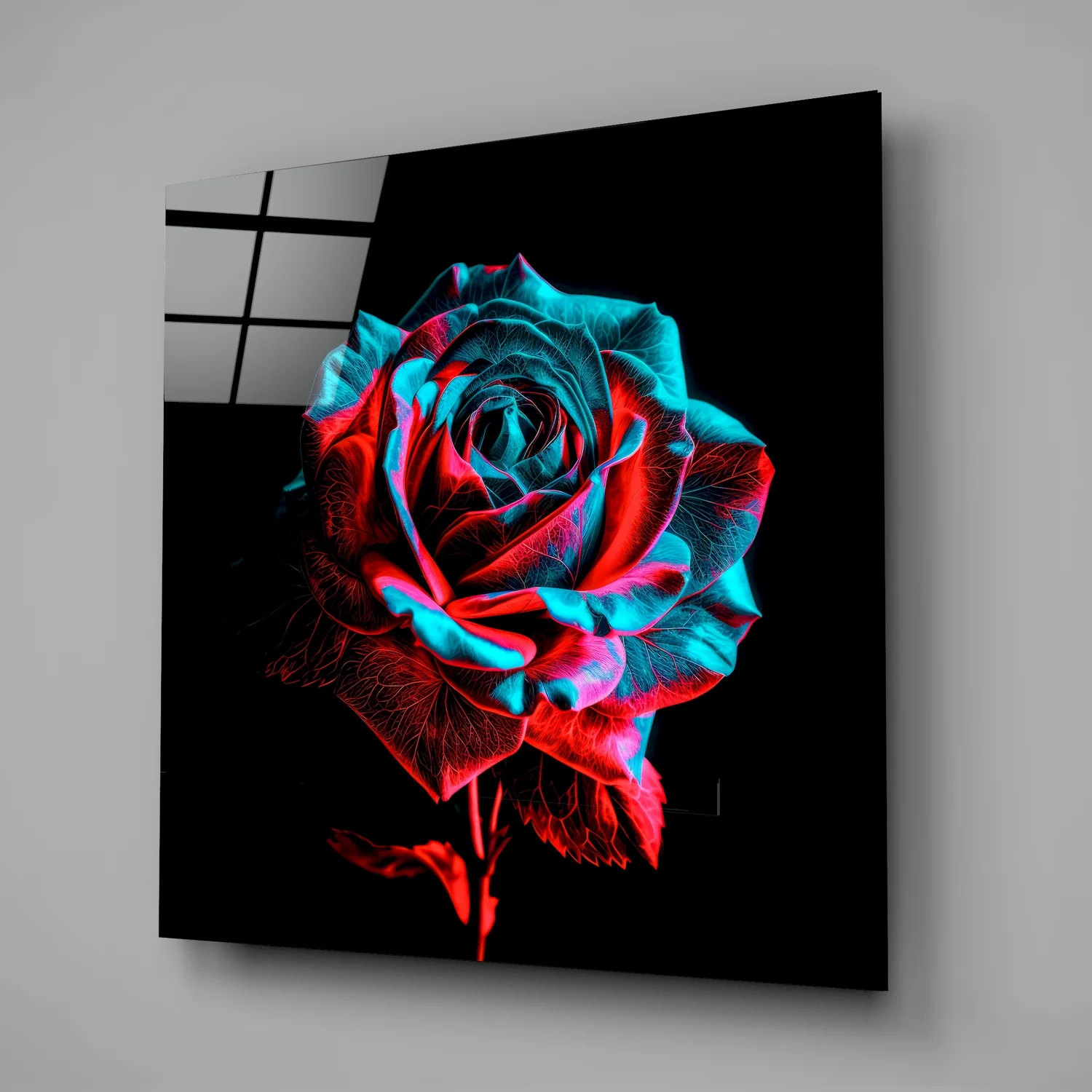 Neon Red Turquoise Rose Glass Wall Art - Image 2