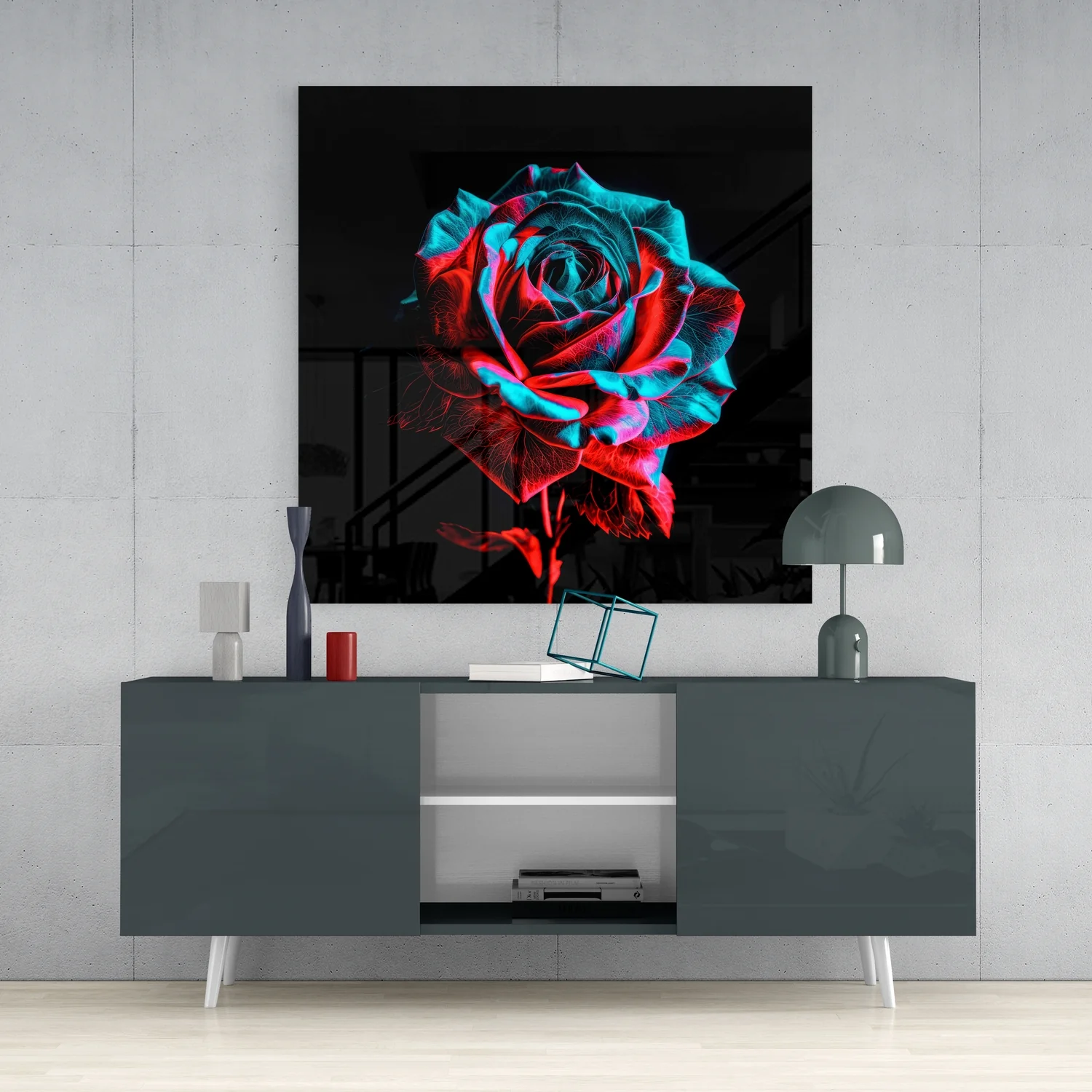 Neon Red Turquoise Rose Glass Wall Art - Image 4