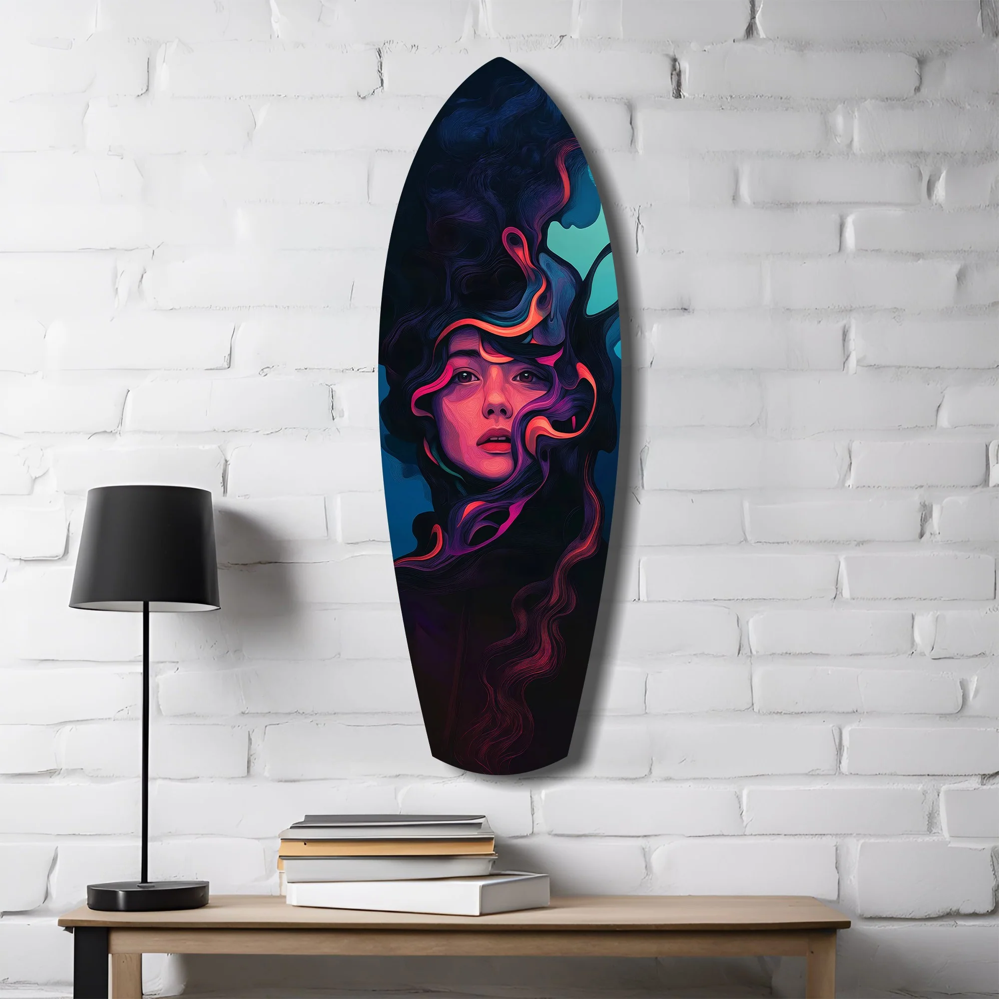 Neon Smoke Woman Portrait Surreal Glass Wall Art - Image 4