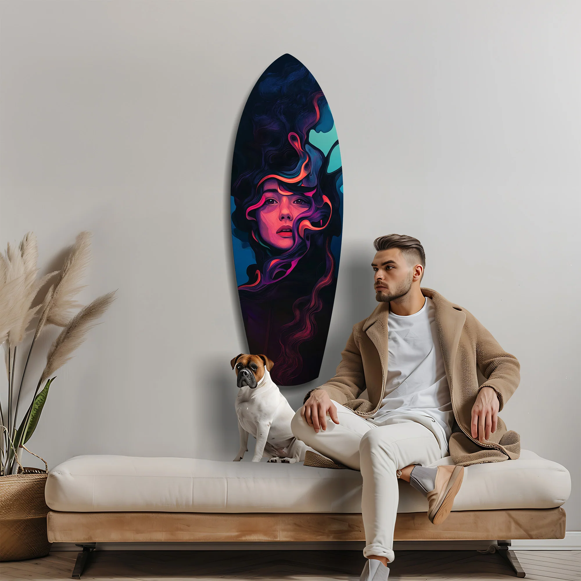 Neon Smoke Woman Portrait Surreal Glass Wall Art - Image 9