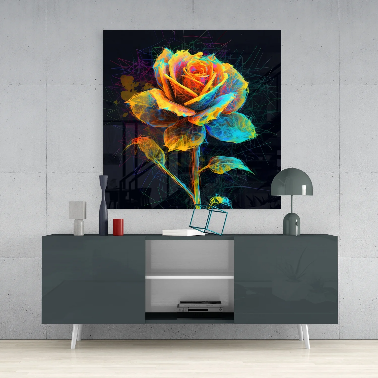 Neon Wireframe Rose Black Glass Wall Art - Image 4