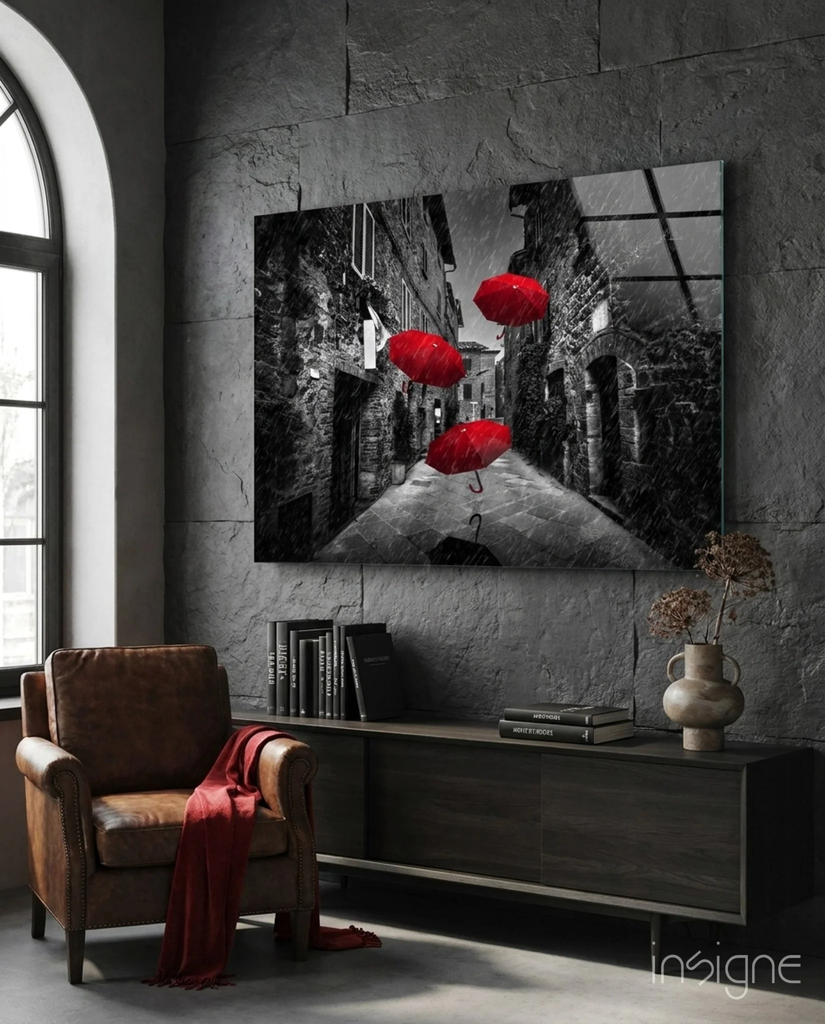 Red Umbrellas Glass Wall Art