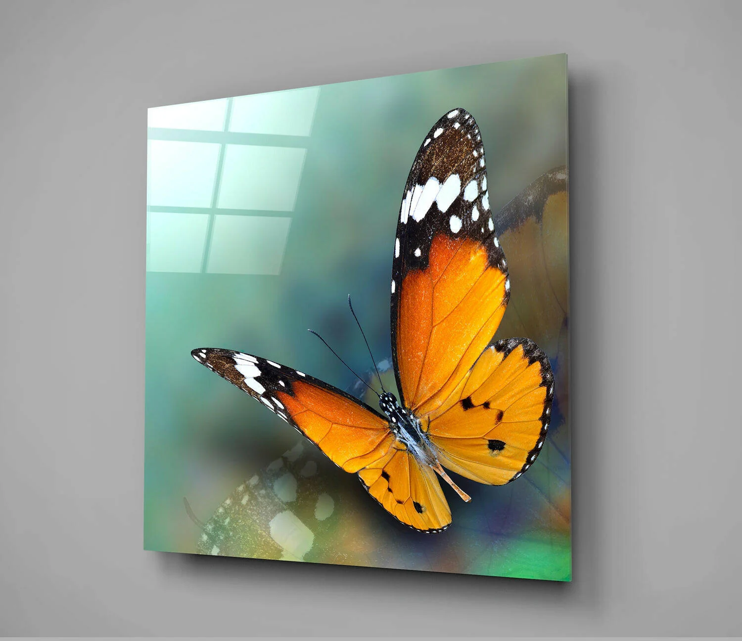 Orange Butterfly on Teal Glass Wall Art - Image 2