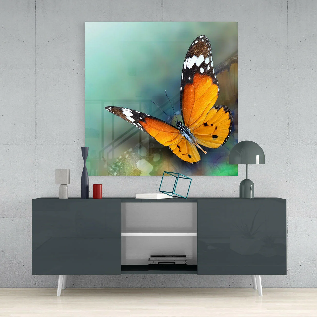 Orange Butterfly on Teal Glass Wall Art - Image 4