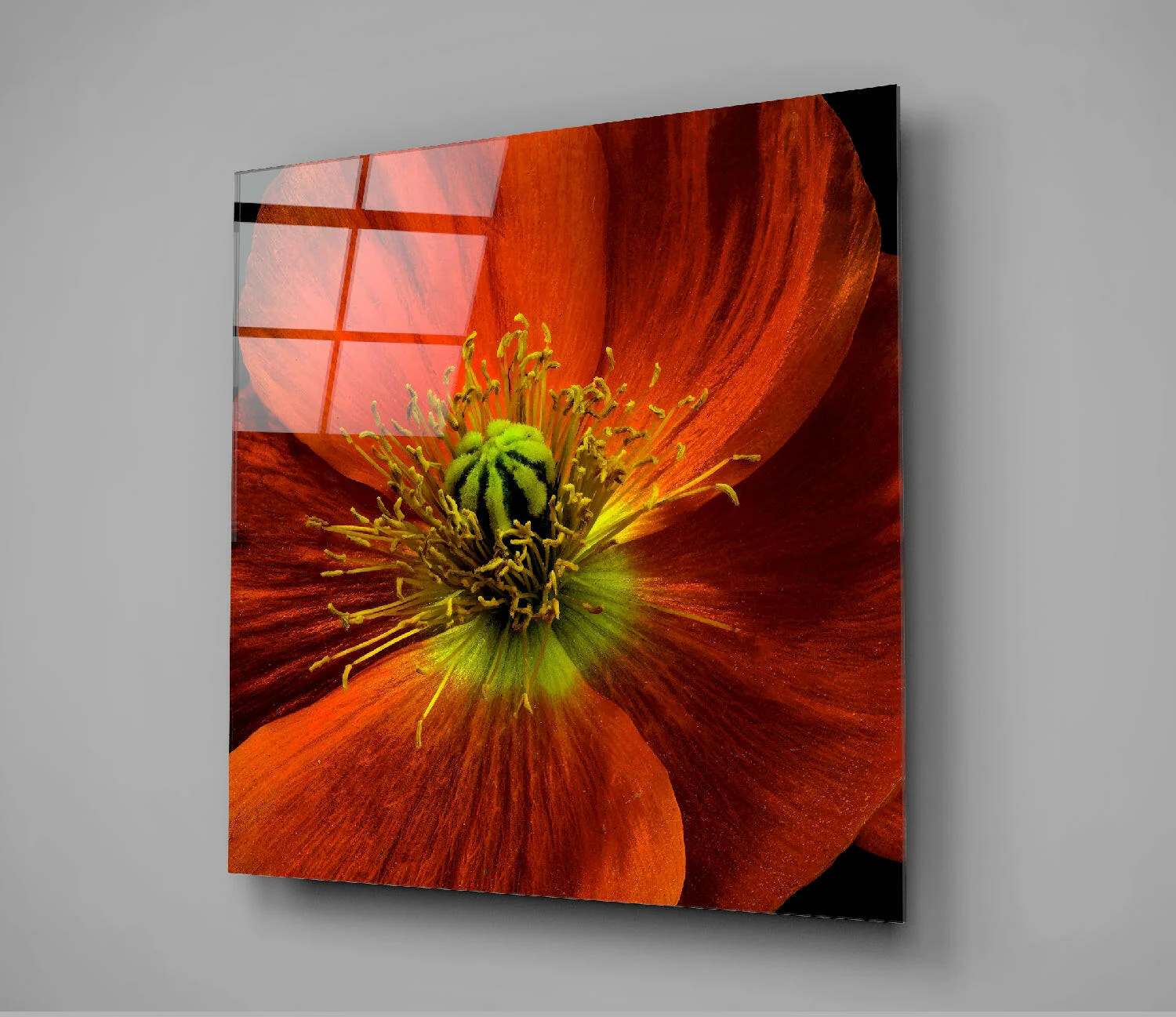 Orange Poppy Green Heart Glass Wall Art - Image 3