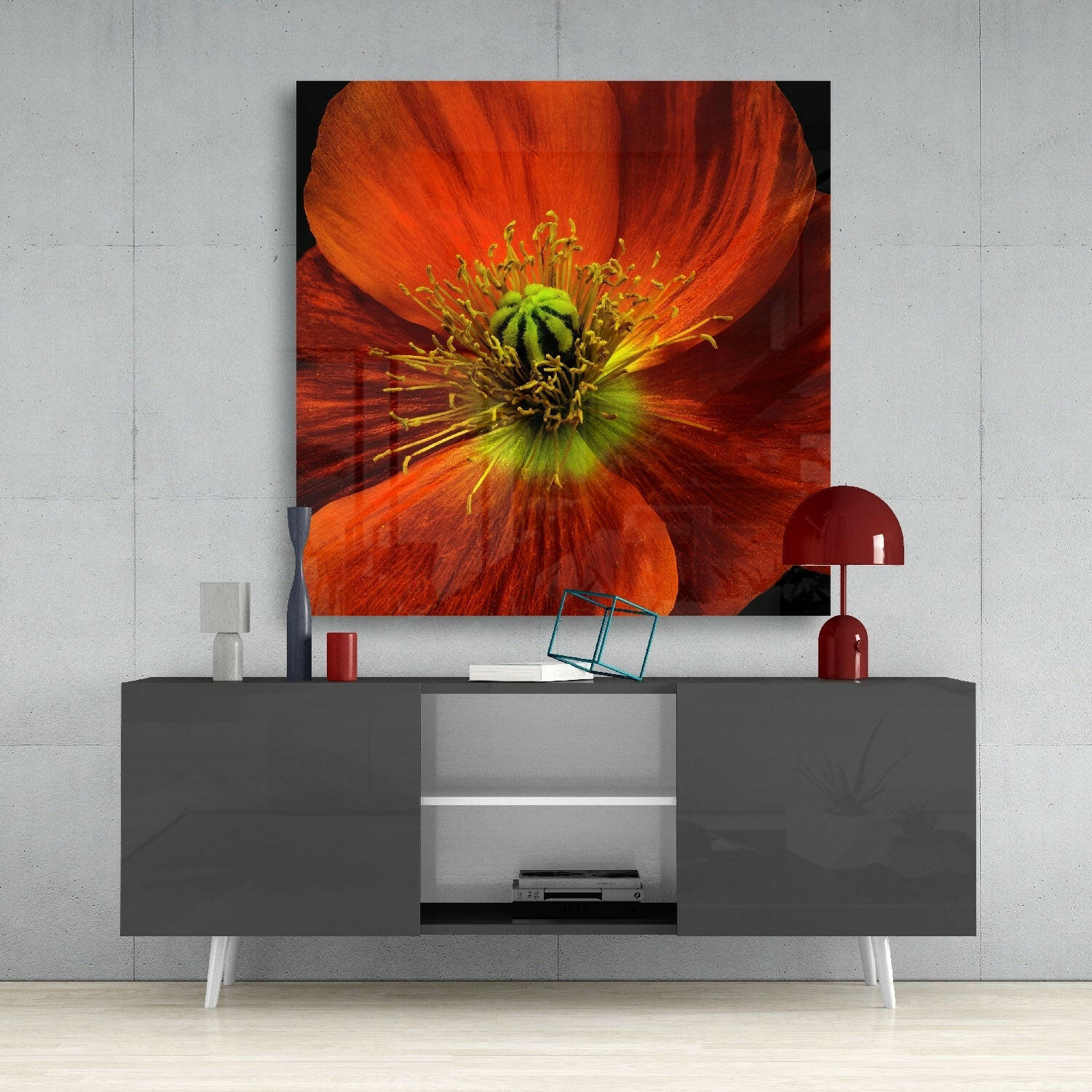 Orange Poppy Green Heart Glass Wall Art - Image 4
