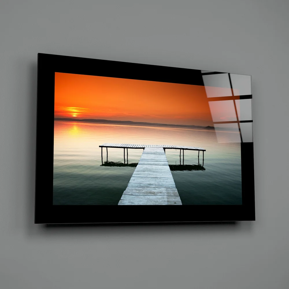 Orange Sky Lake Pier Glass Wall Art - Image 2