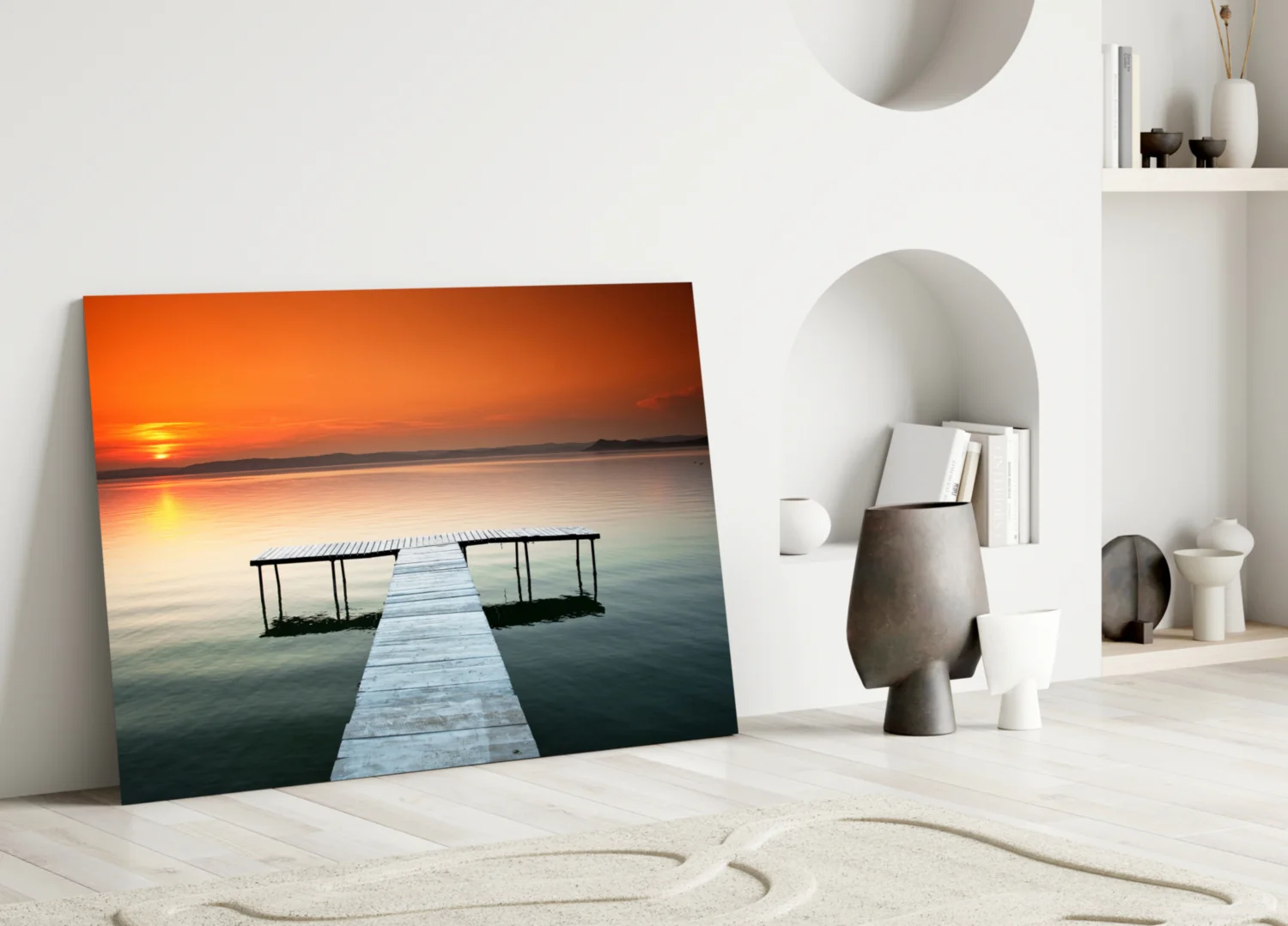 Orange Sunset Lake Swim Platform Glass Wall Art - Image 3