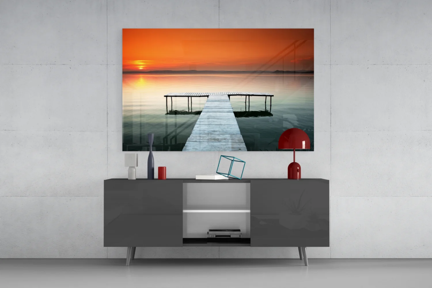 Orange Sunset Lake Swim Platform Glass Wall Art - Image 8