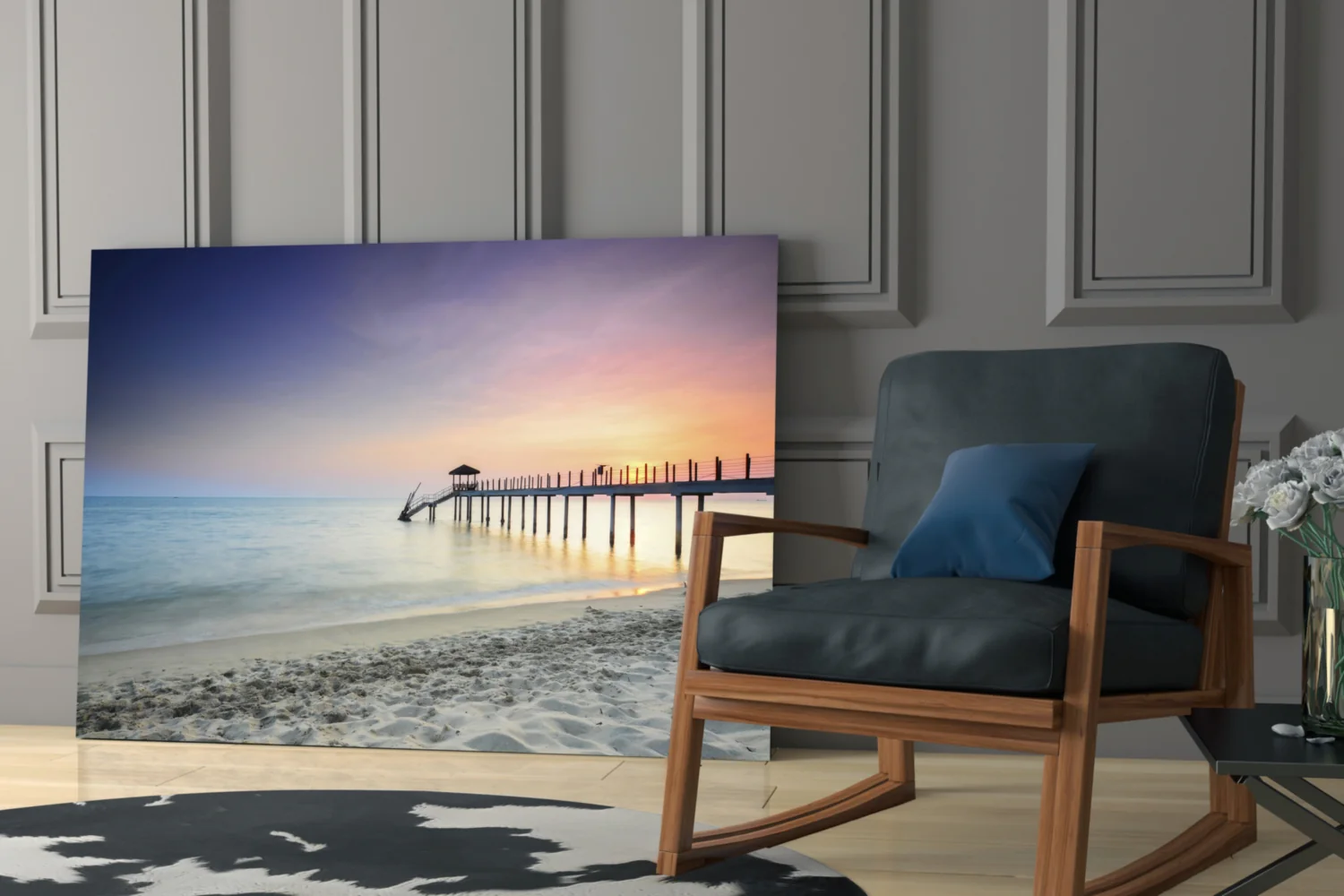 Pastel Dawn Sandy Beach Pier Glass Wall Art - Image 6