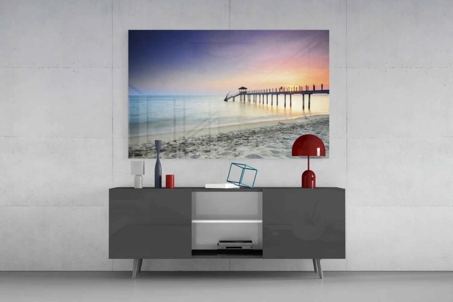 Pastel Dawn Sandy Beach Pier Glass Wall Art - Image 8
