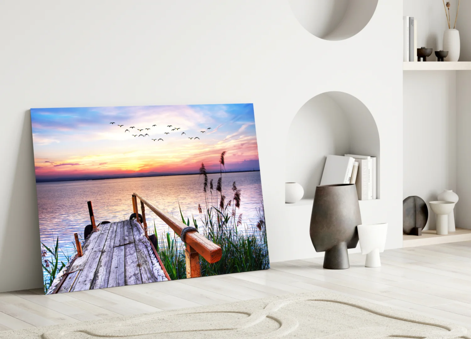 Pastel Sunset Reeds Rustic Dock Glass Wall Art - Image 3