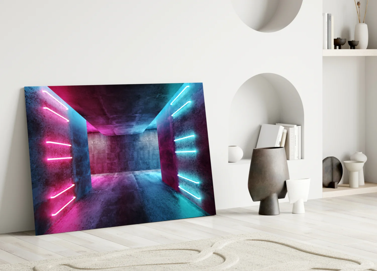 Pink Blue Neon Concrete Room Glass Wall Art - Image 3