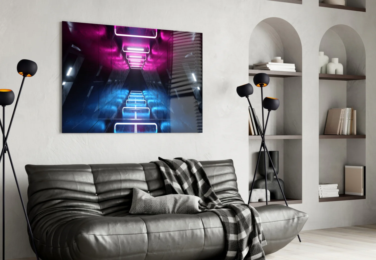 Pink Blue Neon Frame Tunnel Glass Wall Art - Image 4