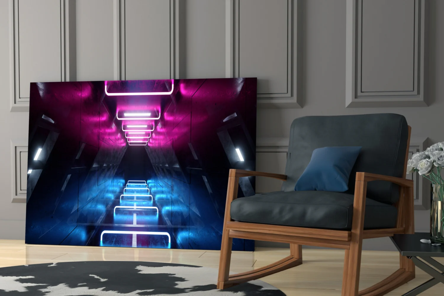 Pink Blue Neon Frame Tunnel Glass Wall Art - Image 6