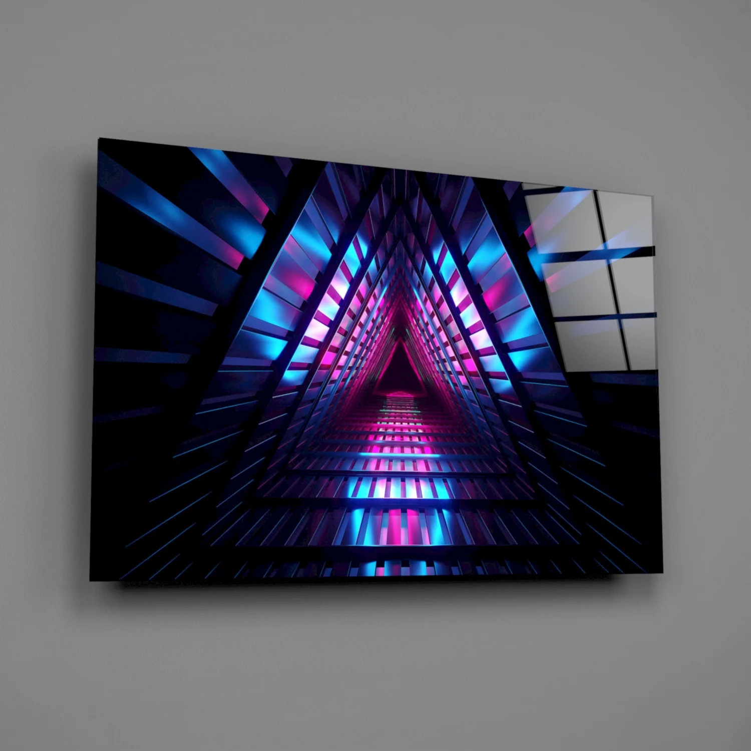 Pink Blue Triangle Neon Tunnel Glass Wall Art - Image 2