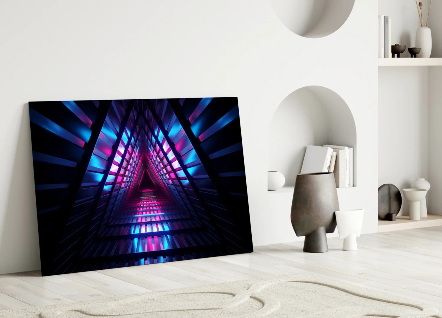 Pink Blue Triangle Neon Tunnel Glass Wall Art - Image 3