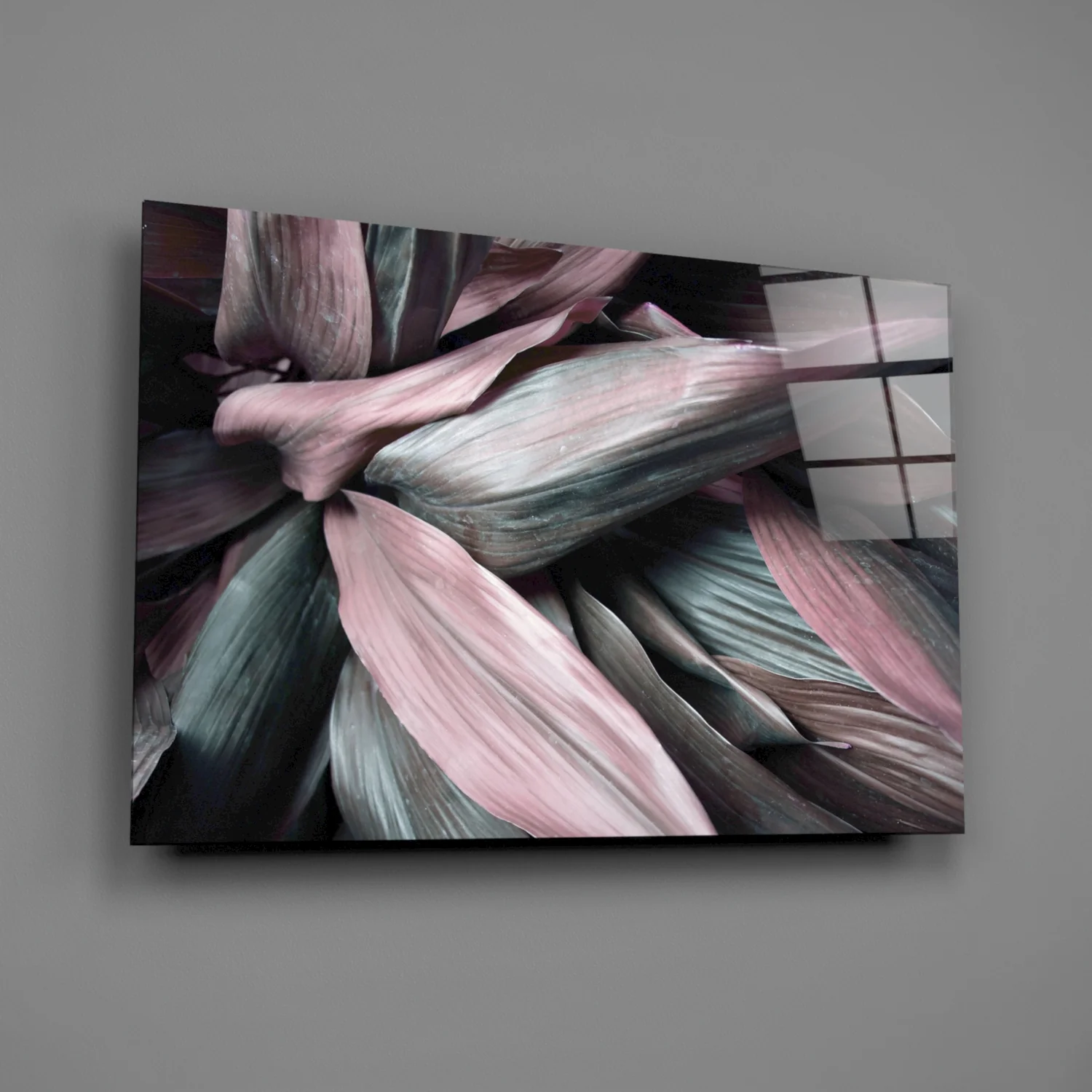 Pink Green Macro Leaves Glass Wall Art - Image 2