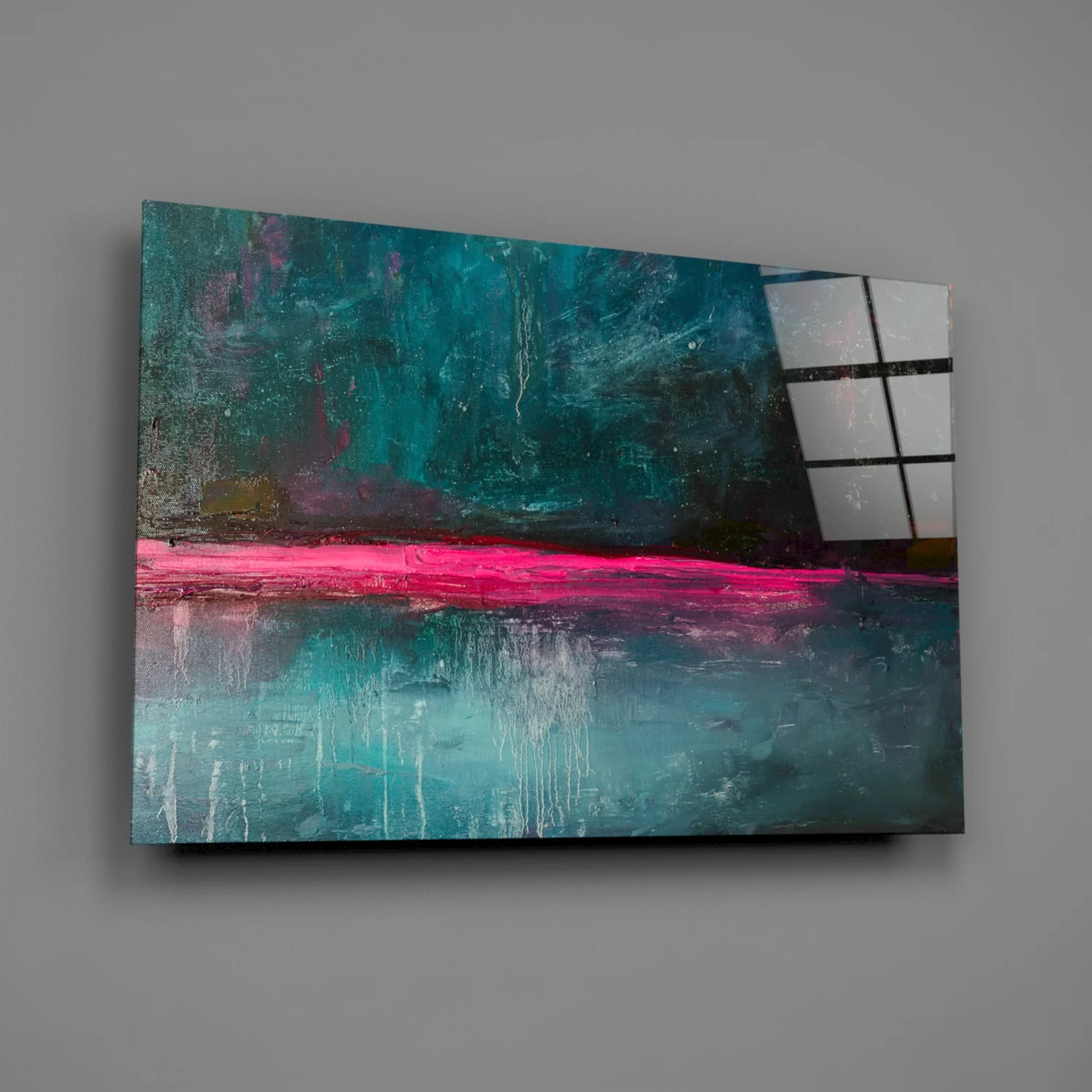 Pink Horizon Teal Abstract Glass Wall Art - Image 2