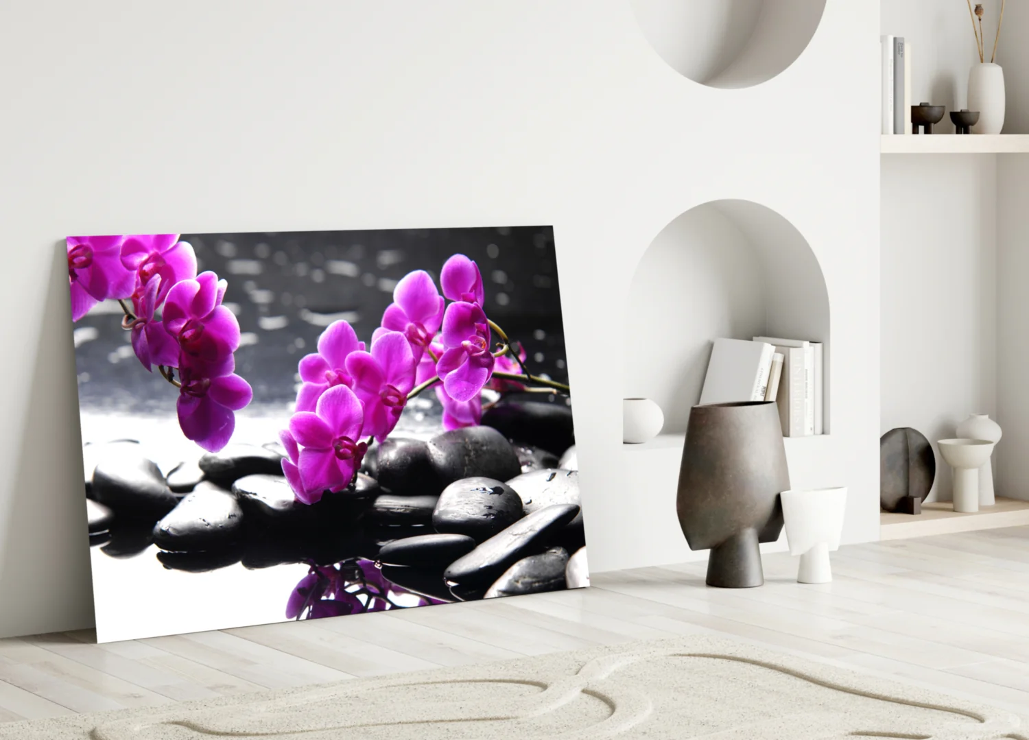 Pink Orchid Branch Zen Stones Glass Wall Art - Image 3
