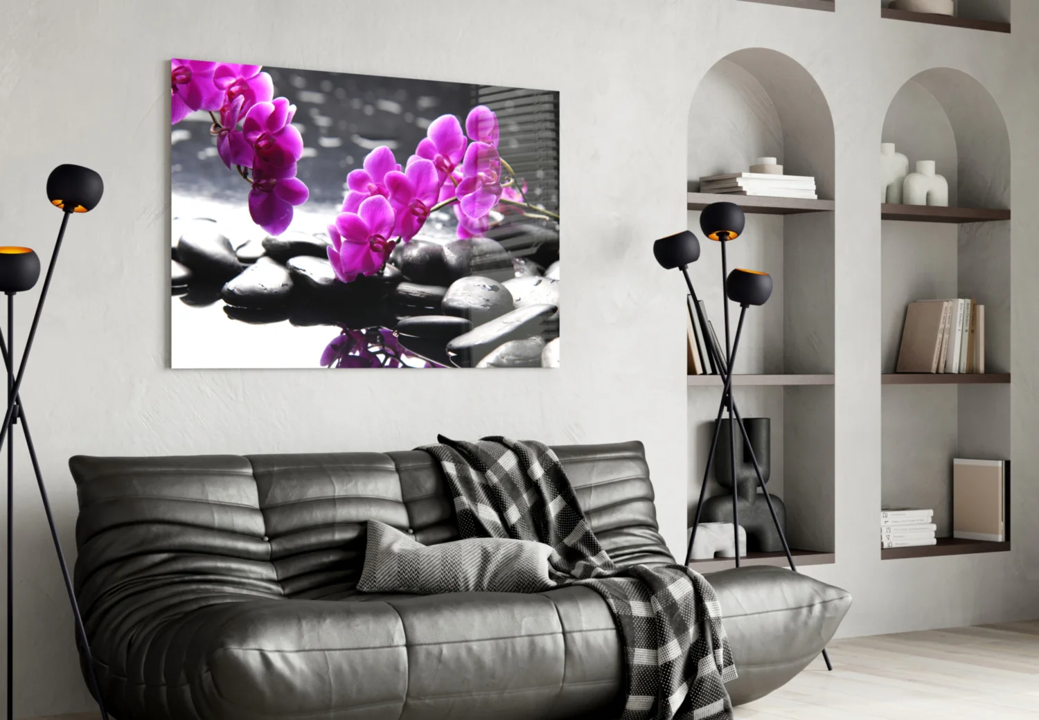 Pink Orchid Branch Zen Stones Glass Wall Art - Image 4