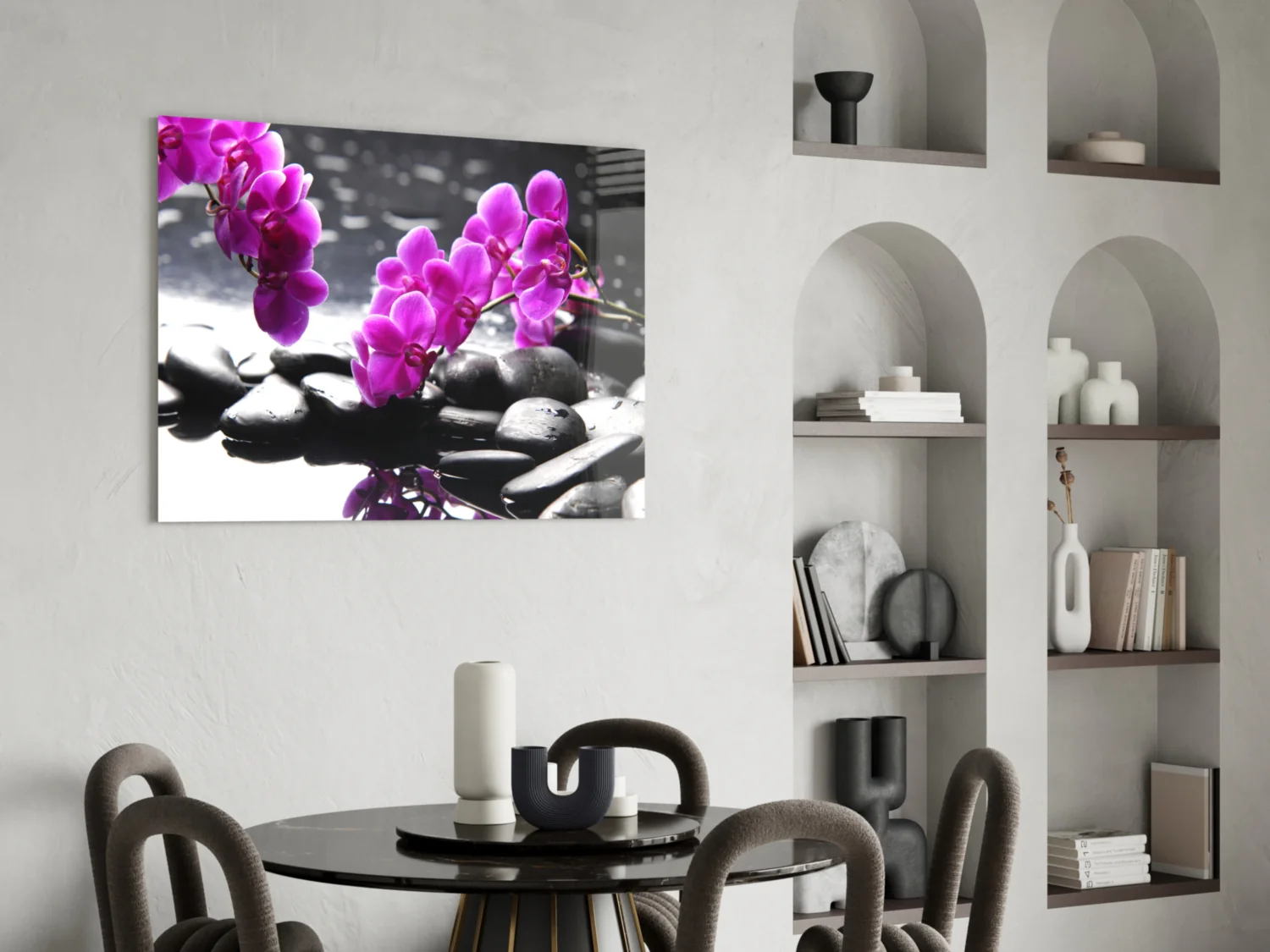 Pink Orchid Branch Zen Stones Glass Wall Art - Image 5