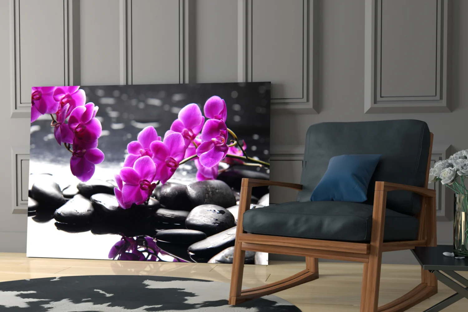 Pink Orchid Branch Zen Stones Glass Wall Art - Image 6