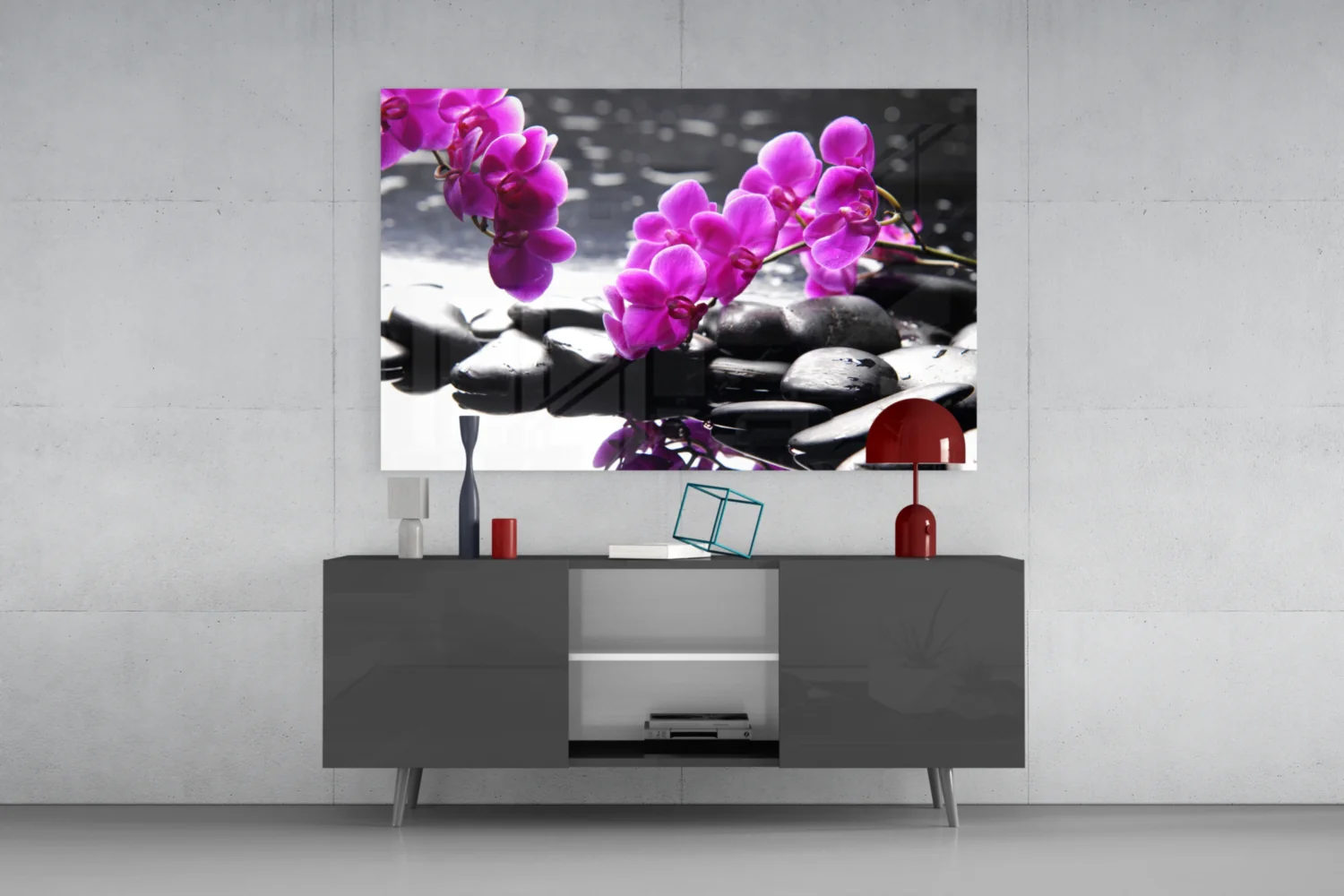 Pink Orchid Branch Zen Stones Glass Wall Art - Image 8
