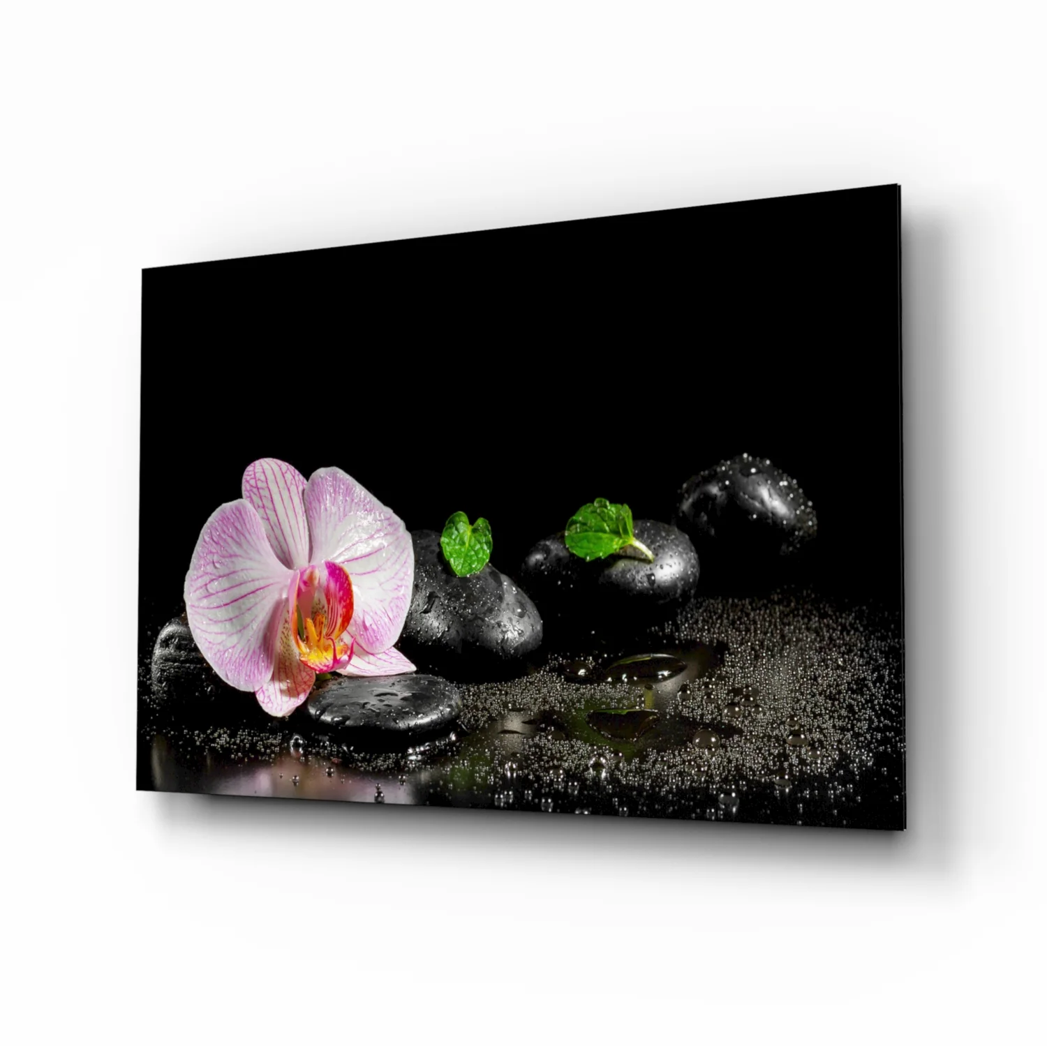 Pink Orchid Zen Stones Glass Wall Art - Image 2