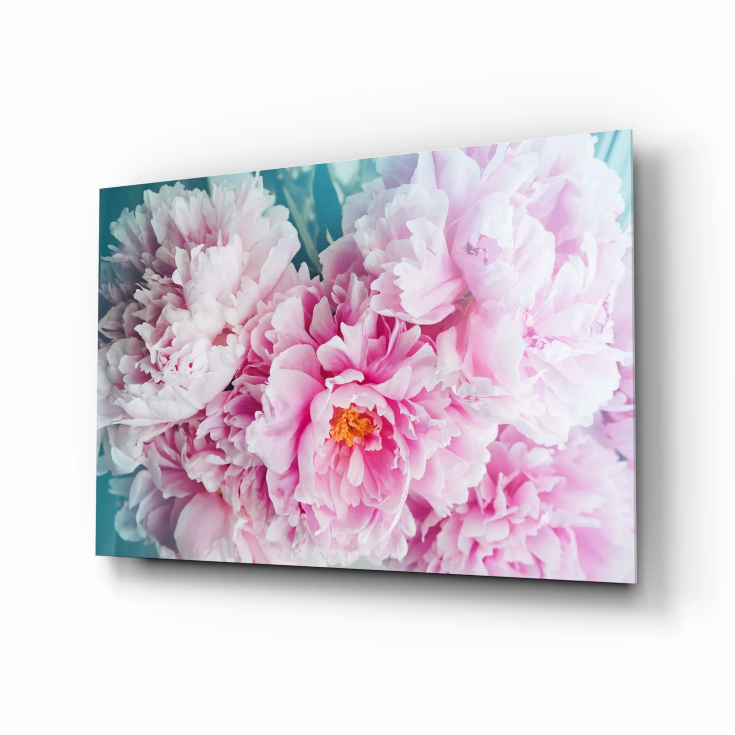 Pink Peony Bunch Teal Glass Wall Art - Image 2