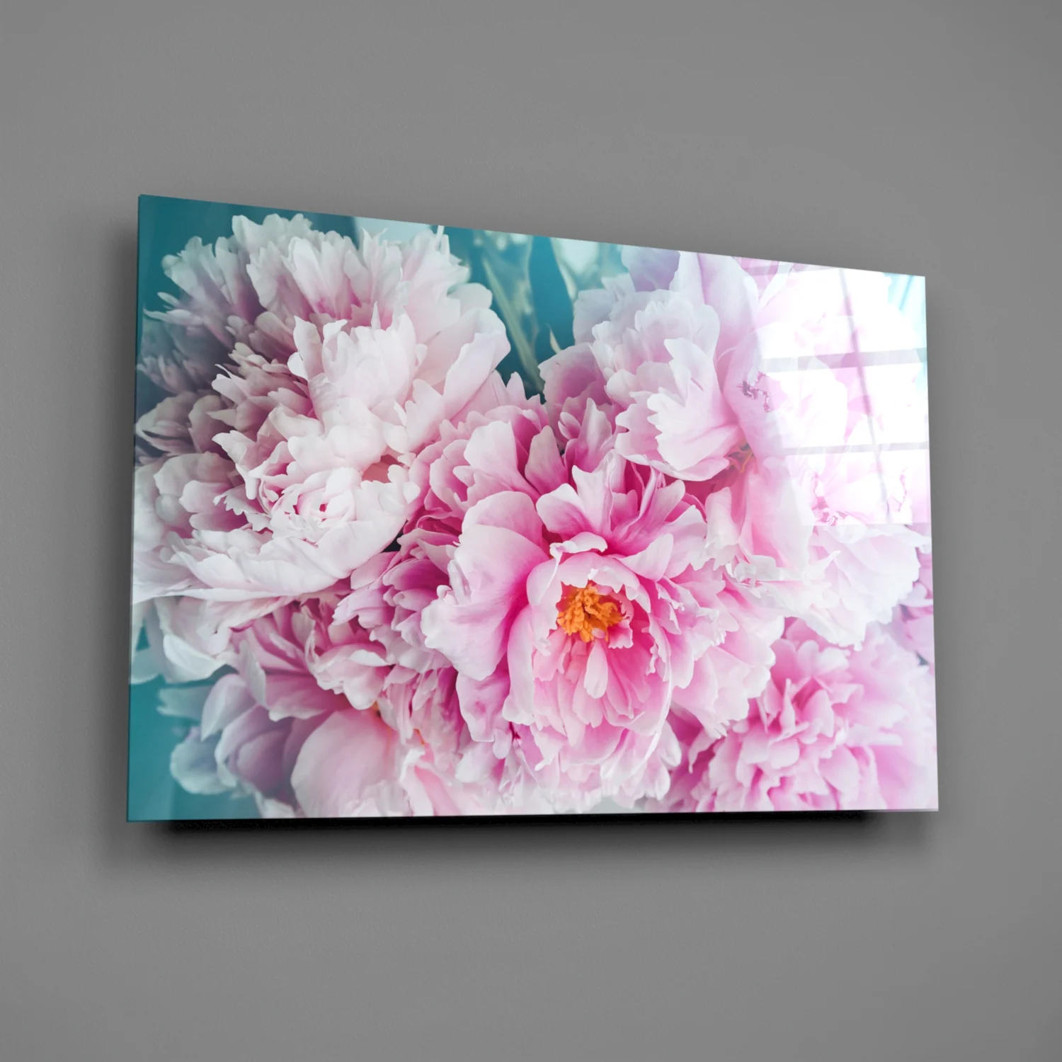 Pink Peony Bunch Teal Glass Wall Art - Image 3