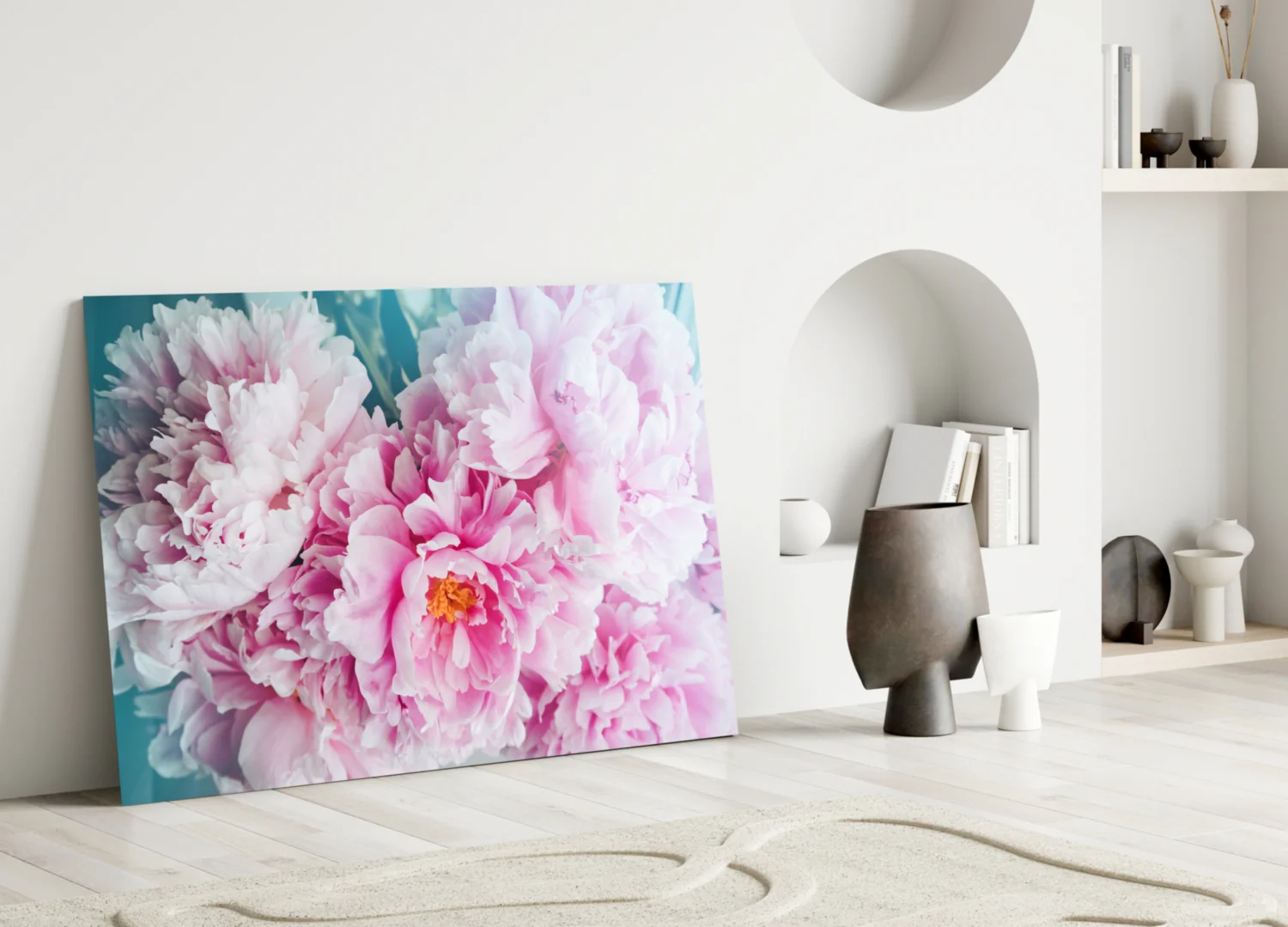 Pink Peony Bunch Teal Glass Wall Art - Image 4