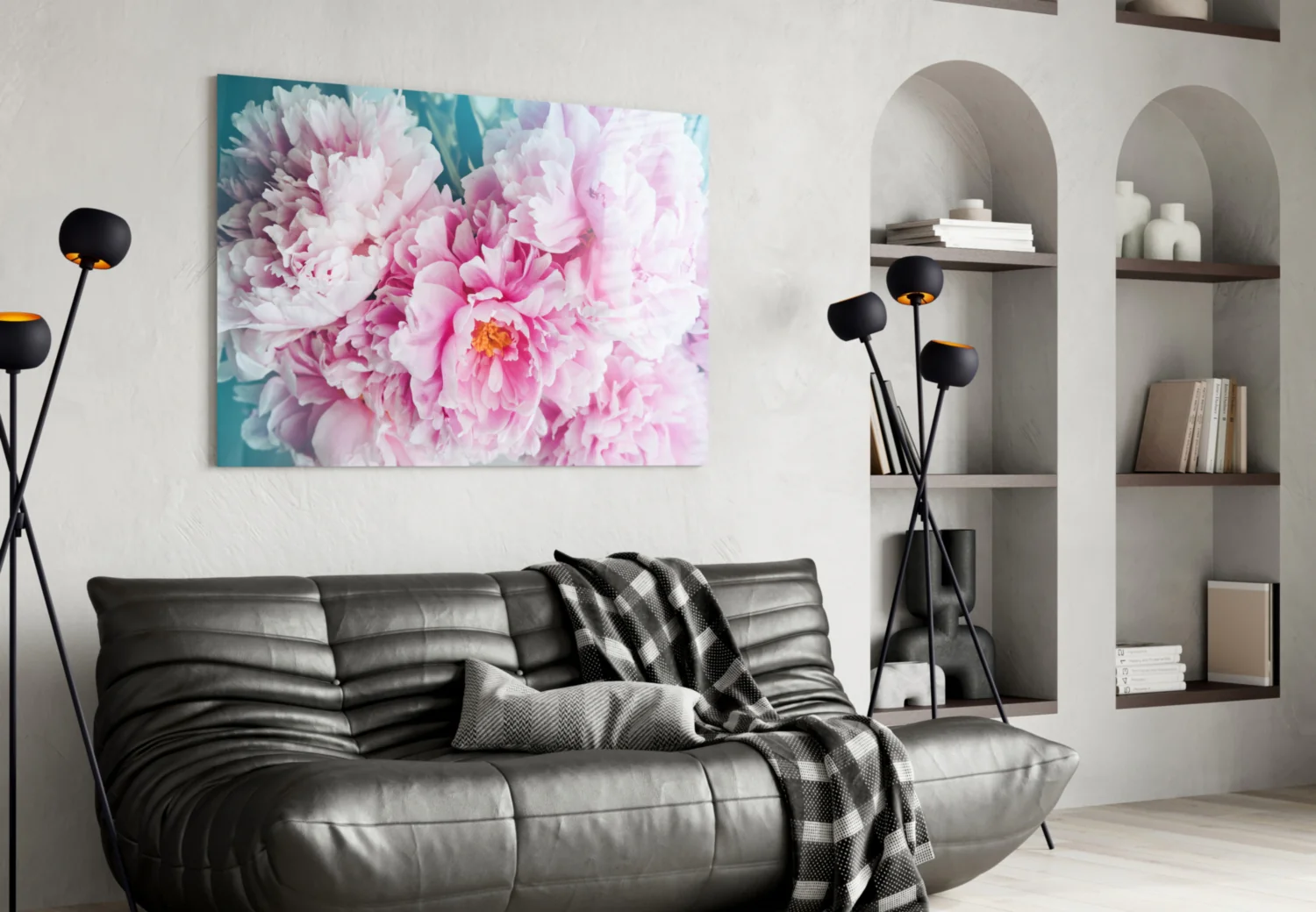 Pink Peony Bunch Teal Glass Wall Art - Image 5