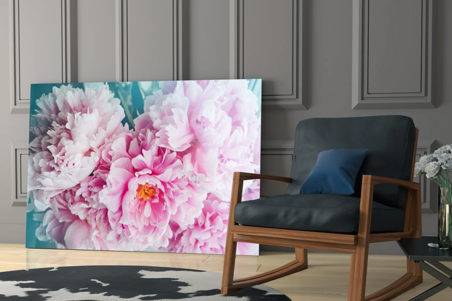 Pink Peony Bunch Teal Glass Wall Art - Image 7