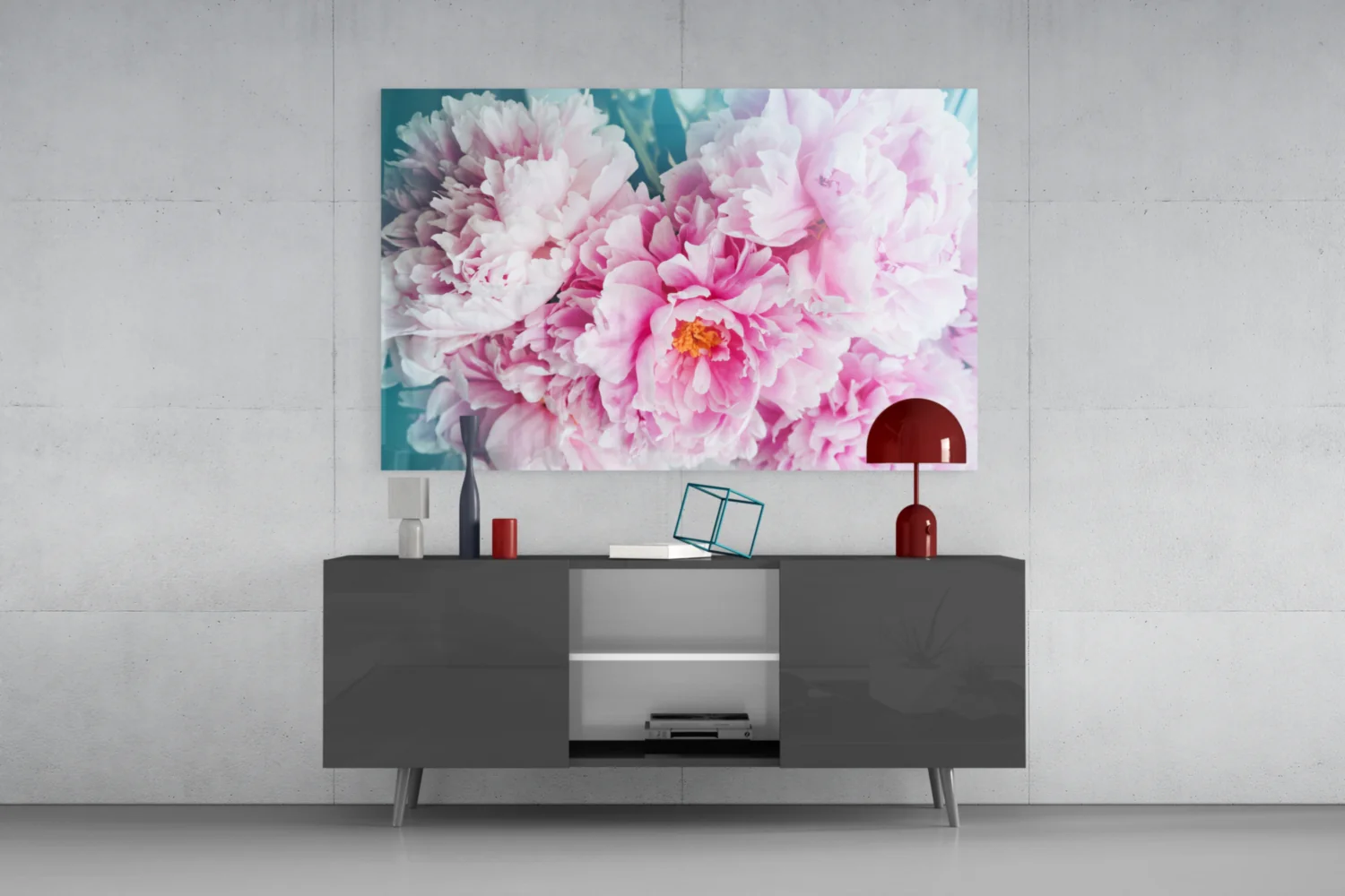 Pink Peony Bunch Teal Glass Wall Art - Image 9