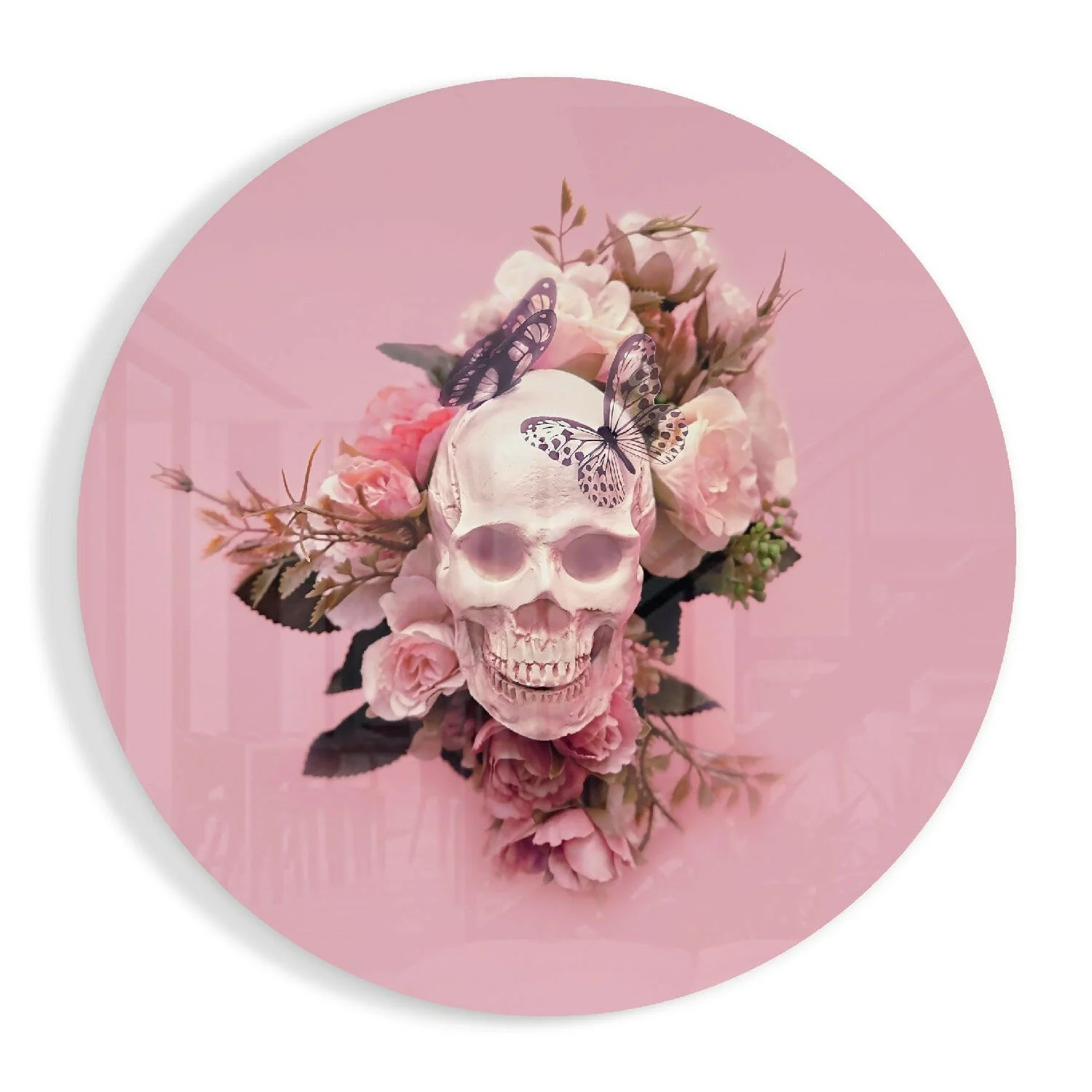 Pink Roses Butterfly Skull Glass Wall Art
