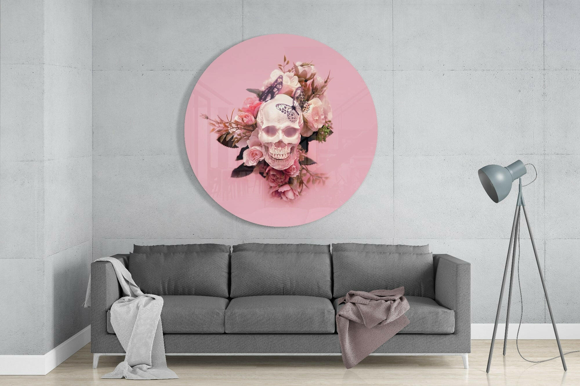 Pink Roses Butterfly Skull Glass Wall Art - Image 2