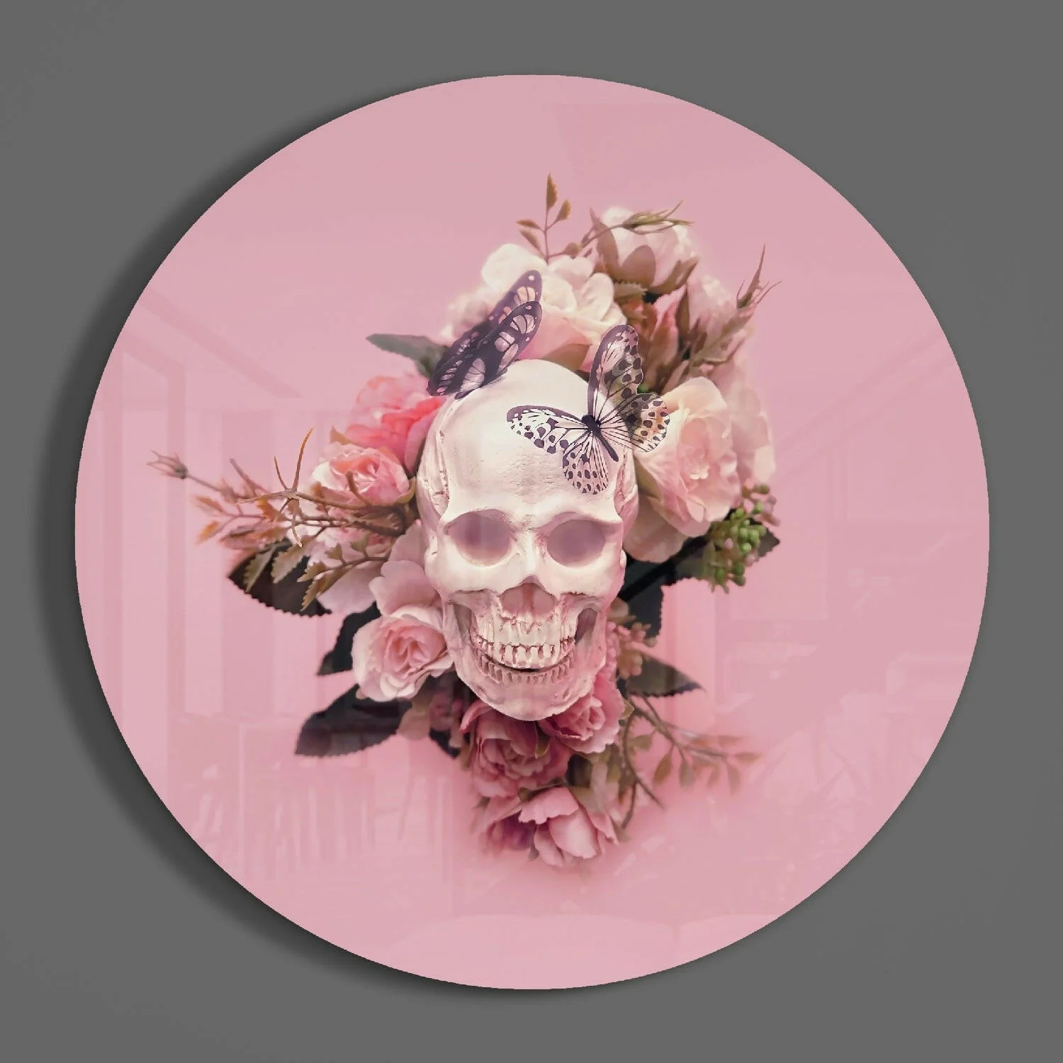 Pink Roses Butterfly Skull Glass Wall Art - Image 3