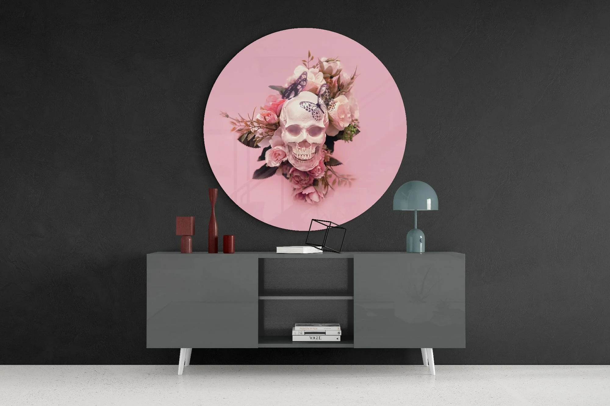 Pink Roses Butterfly Skull Glass Wall Art - Image 4