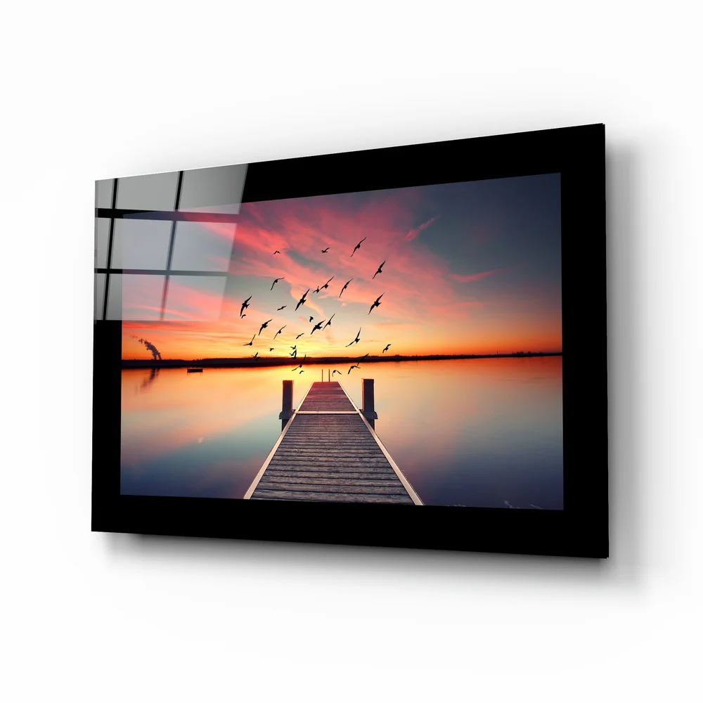 Pink Sky Birds Pier Glass Wall Art
