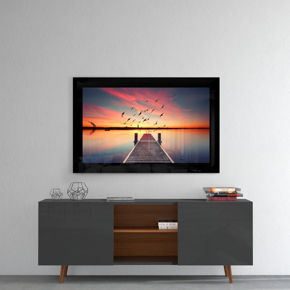 Pink Sky Birds Pier Glass Wall Art - Image 4