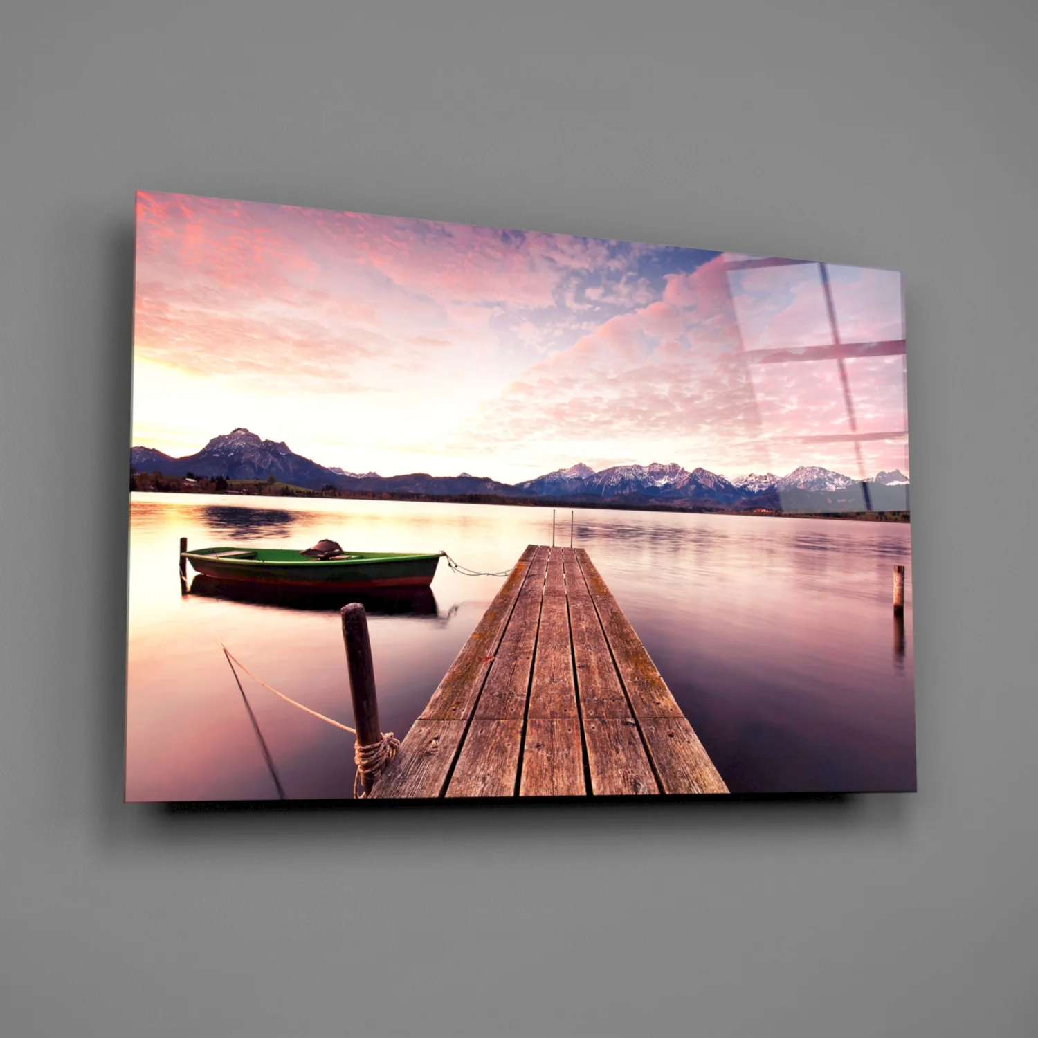 Pink Sky Lake Pier Boat Glass Wall Art - Image 2