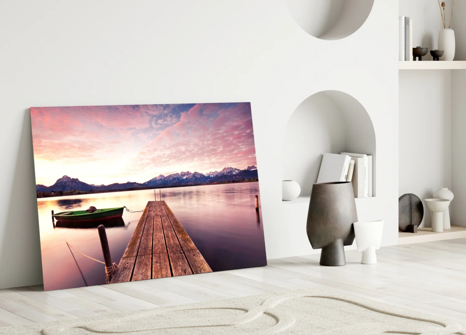 Pink Sky Lake Pier Boat Glass Wall Art - Image 3
