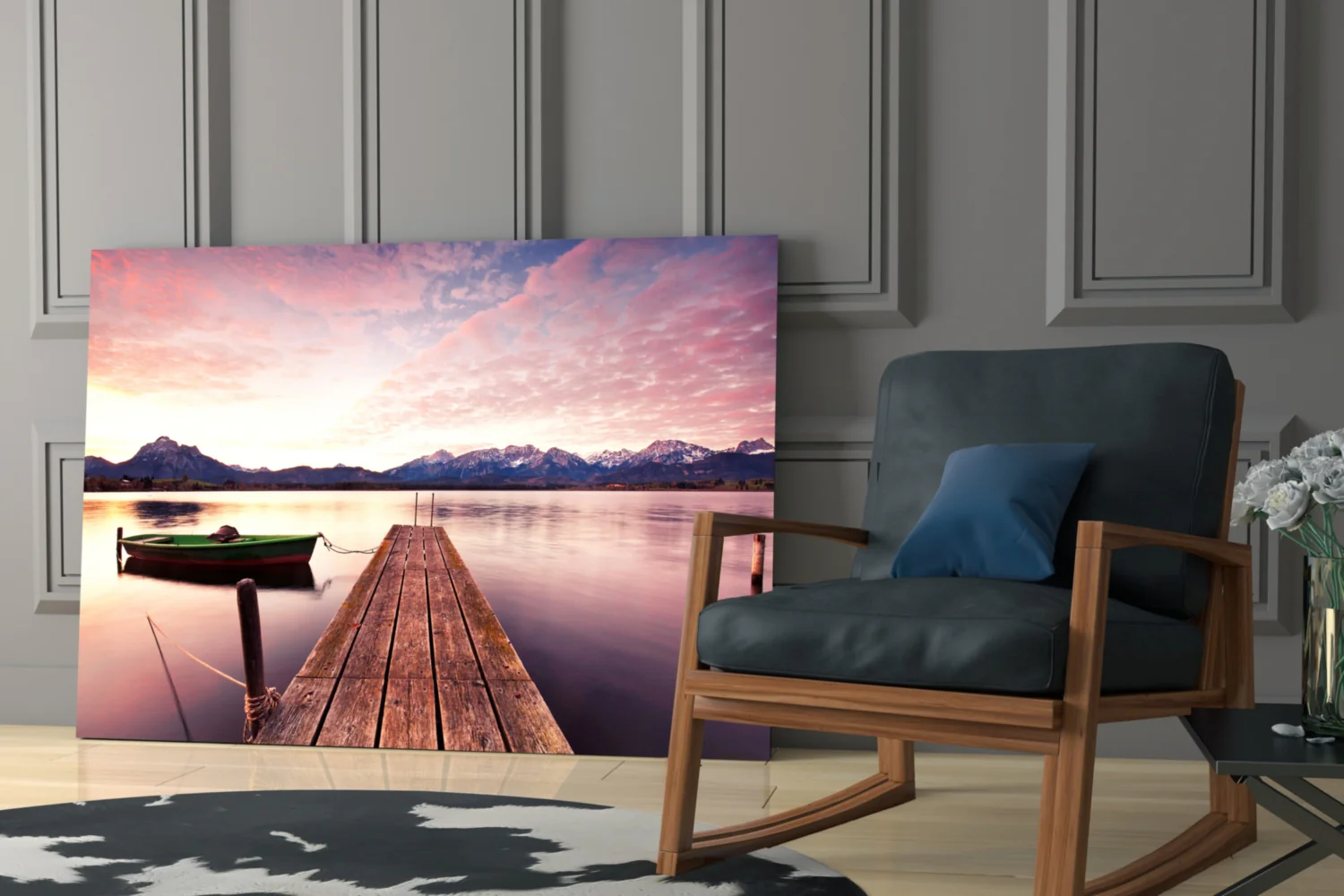 Pink Sky Lake Pier Boat Glass Wall Art - Image 6