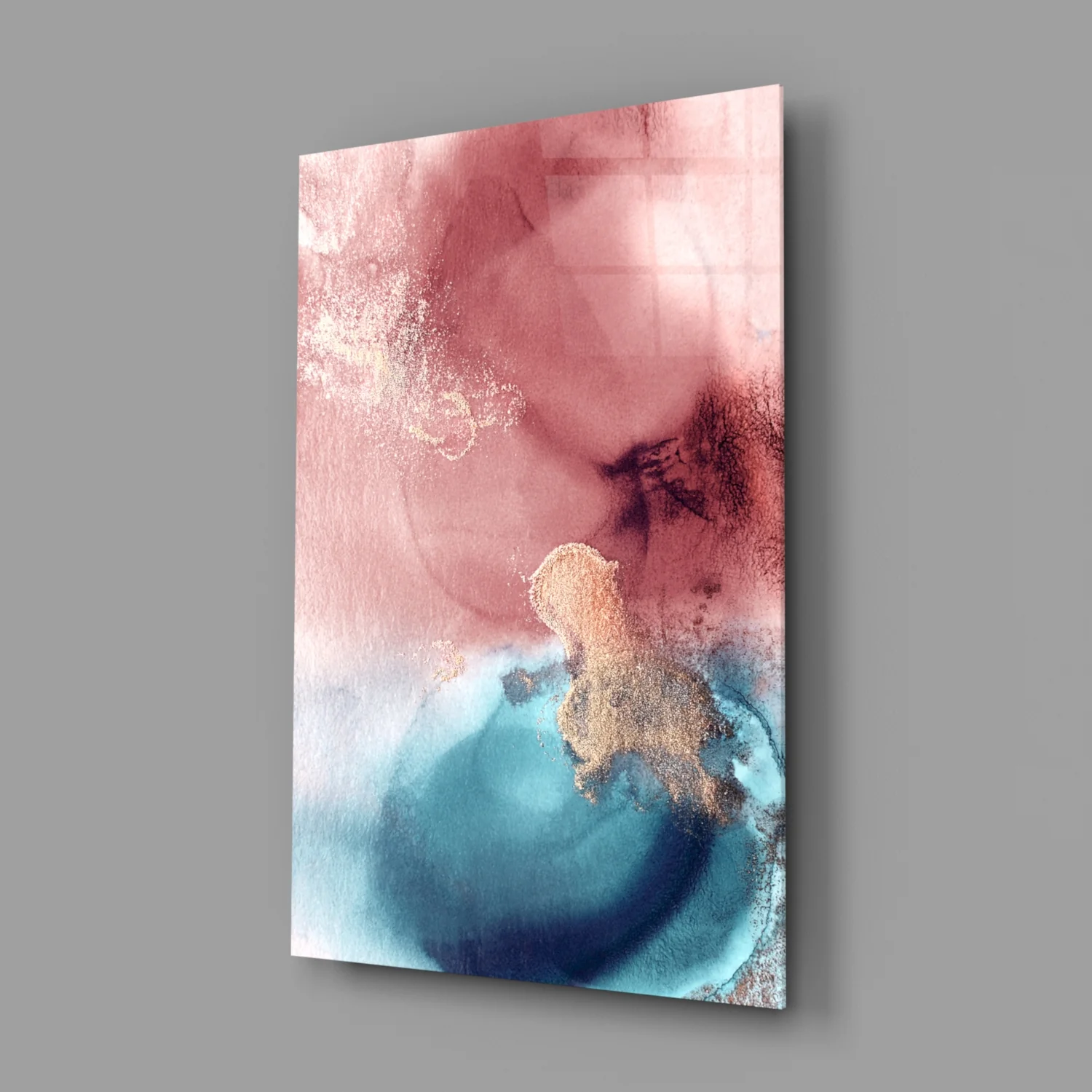 Pink Teal Gold Ink Bloom Glass Wall Art - Image 2