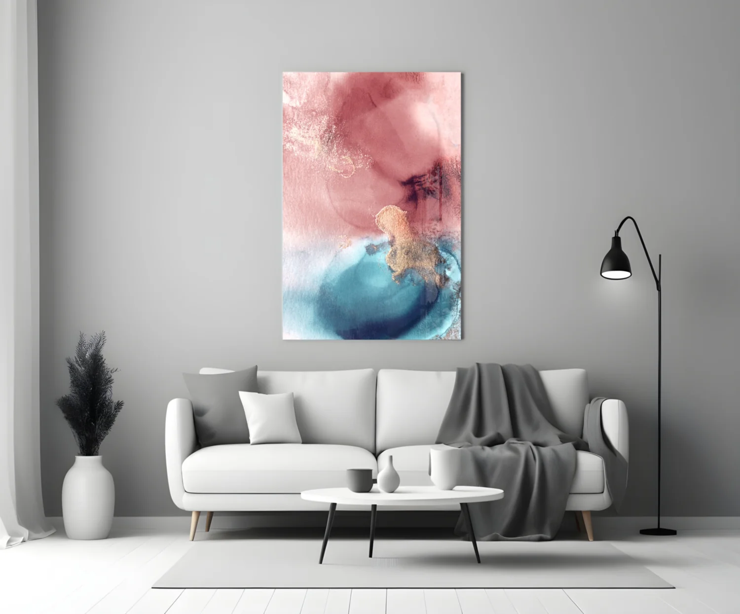 Pink Teal Gold Ink Bloom Glass Wall Art - Image 3