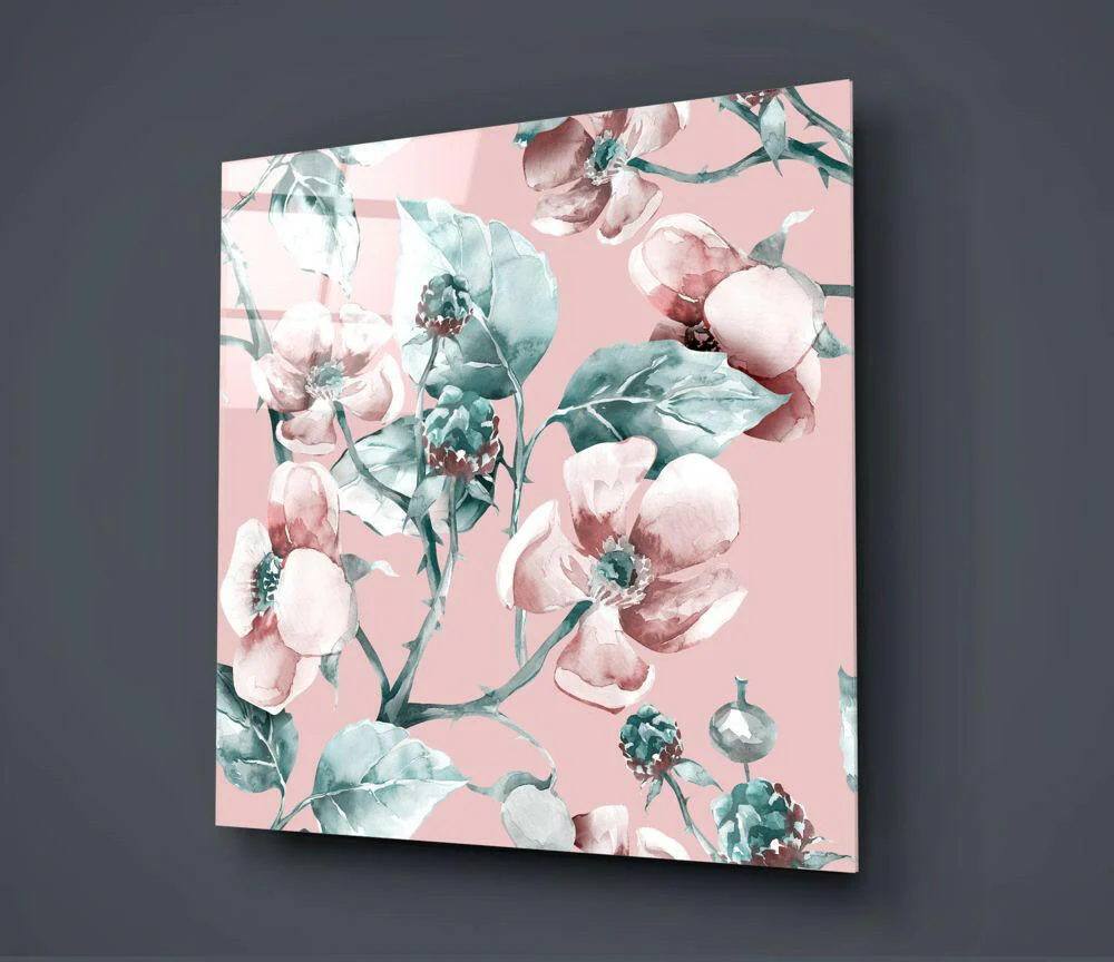 Pink Teal Wild Rose Glass Wall Art - Image 2