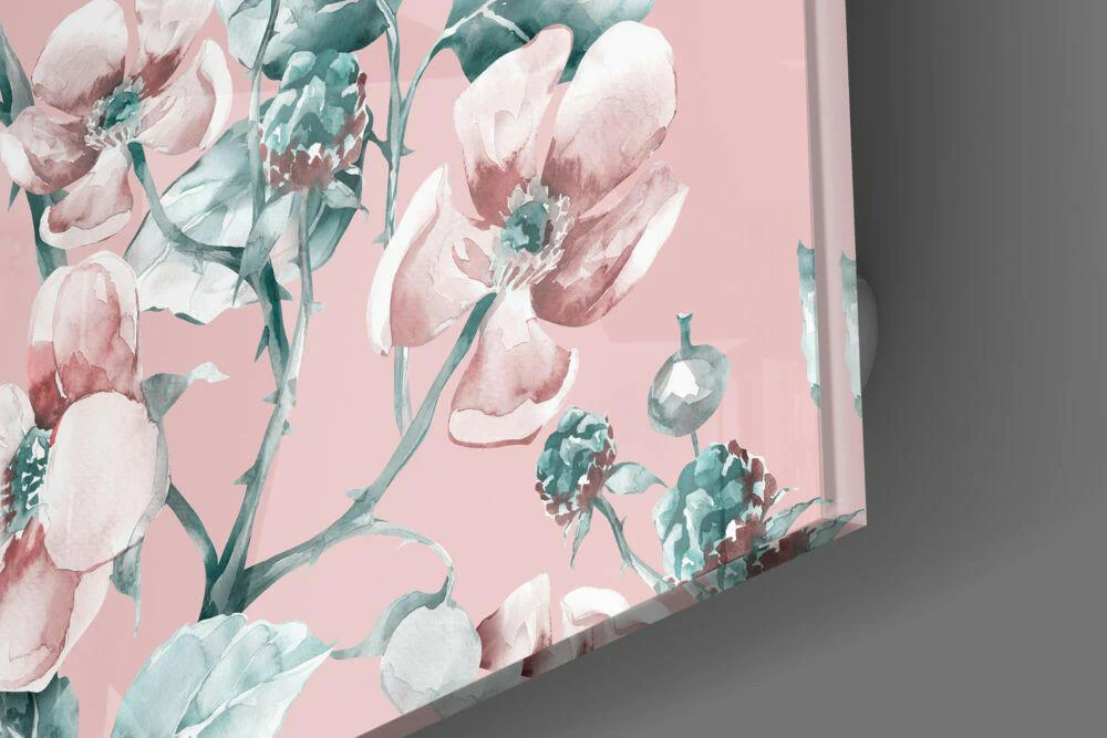 Pink Teal Wild Rose Glass Wall Art - Image 3
