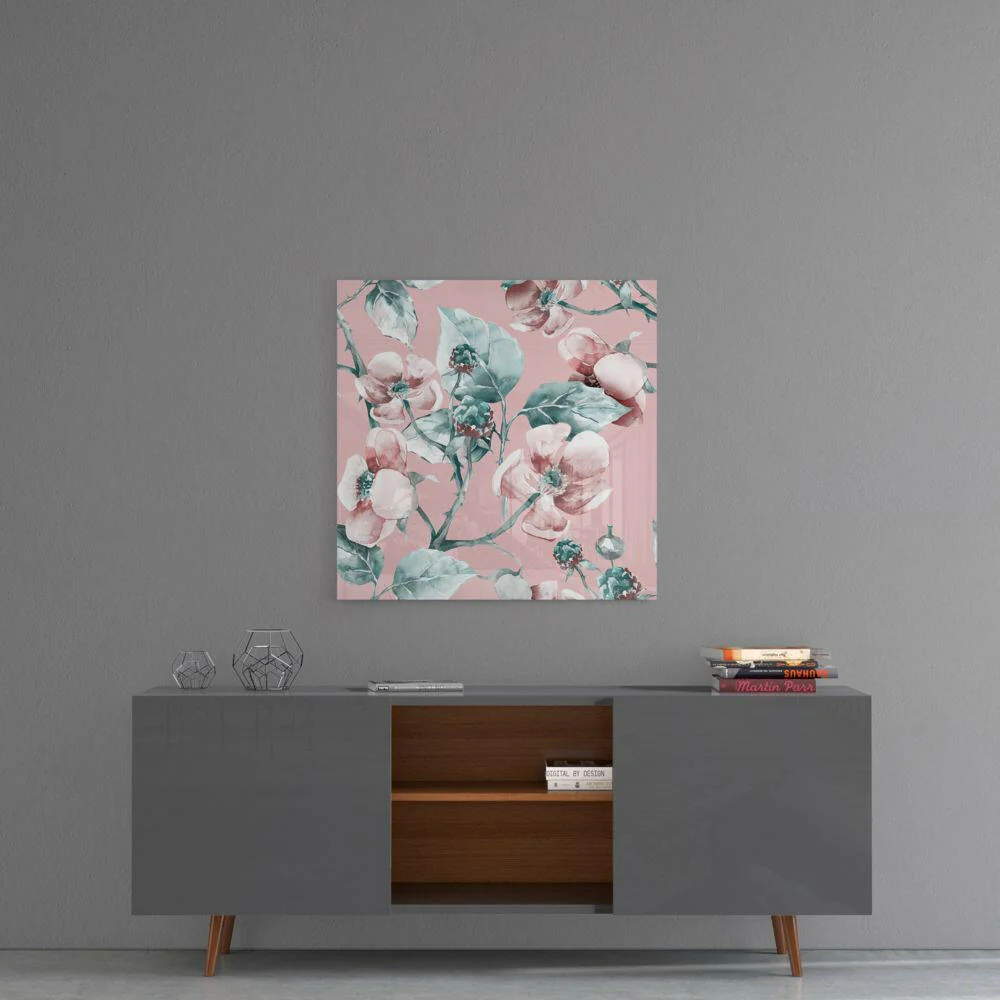 Pink Teal Wild Rose Glass Wall Art - Image 4
