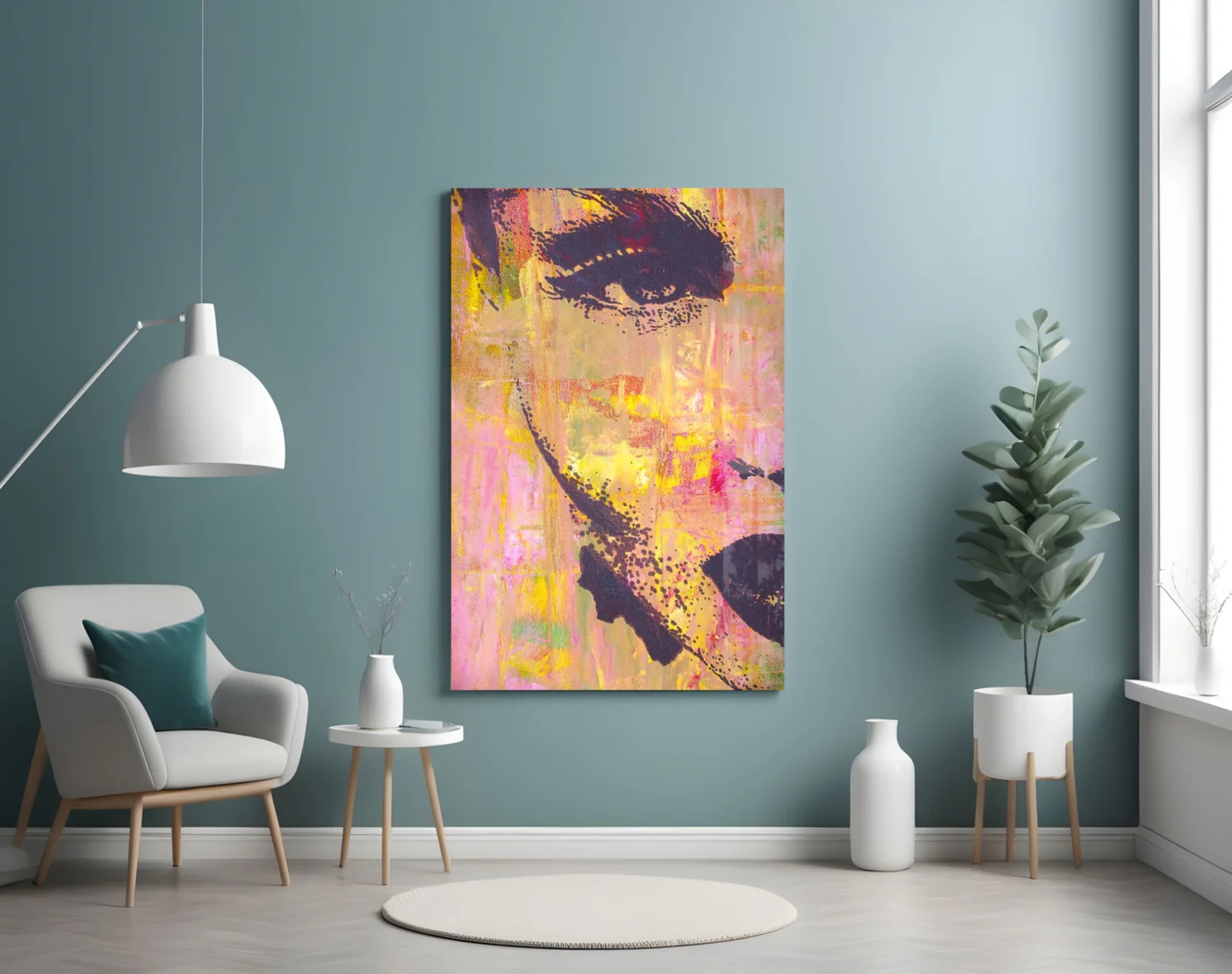 Pink Yellow Grunge Face Glass Wall Art - Image 4